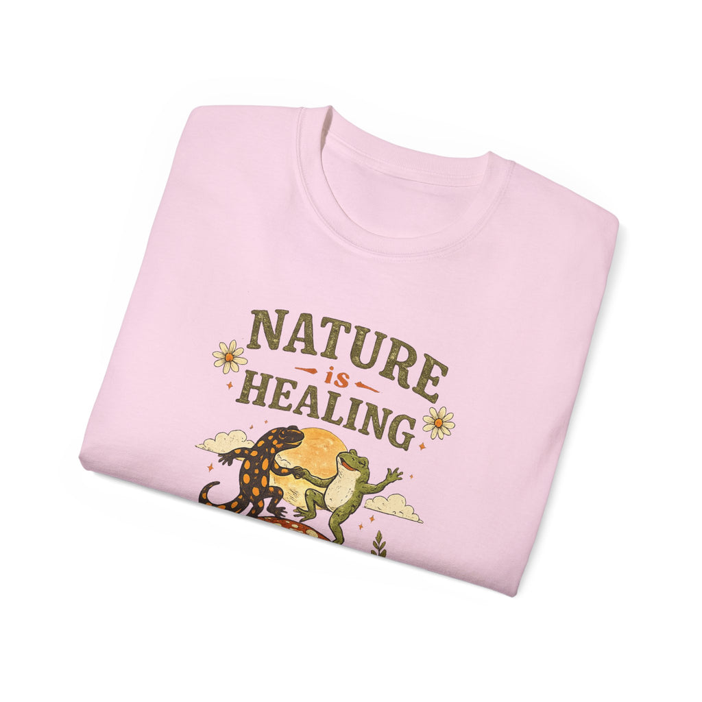 Nature Is Healing T‑Shirt — Retro Mushroom & frog lizard Graphic Tee