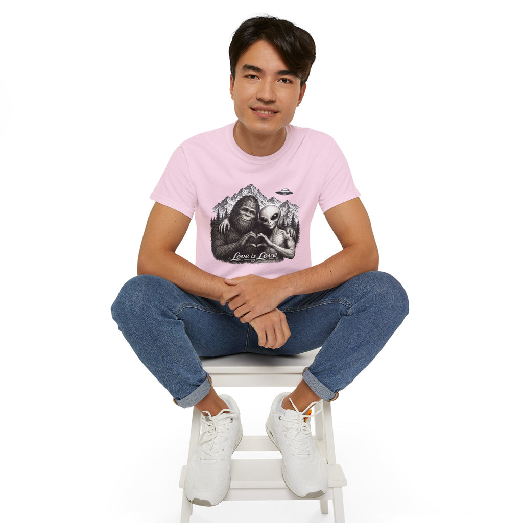 Love Is Love Tee — Bigfoot & Alien Heart Graphic T-Shirt
