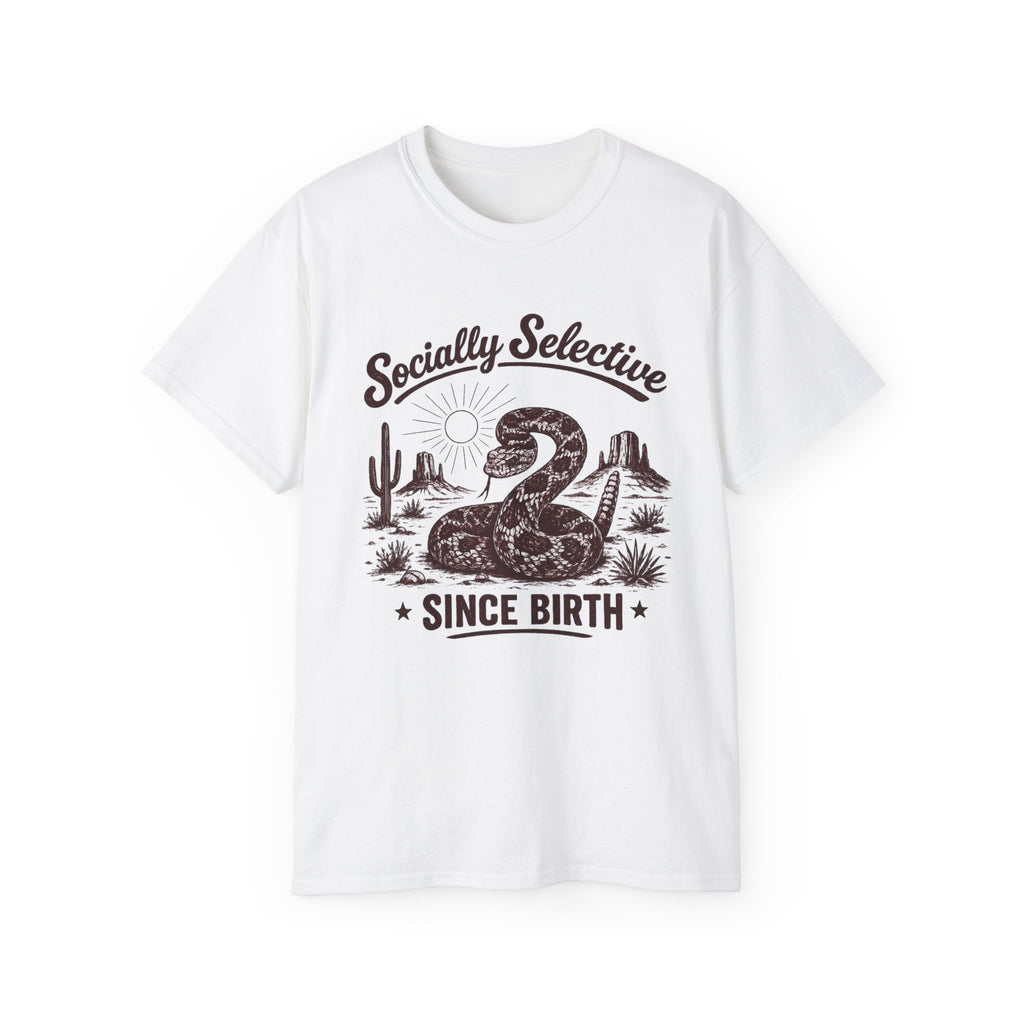 T-Shirt — "Socially Selective Since Birth" Vintage Desert Snake Graphic Tee