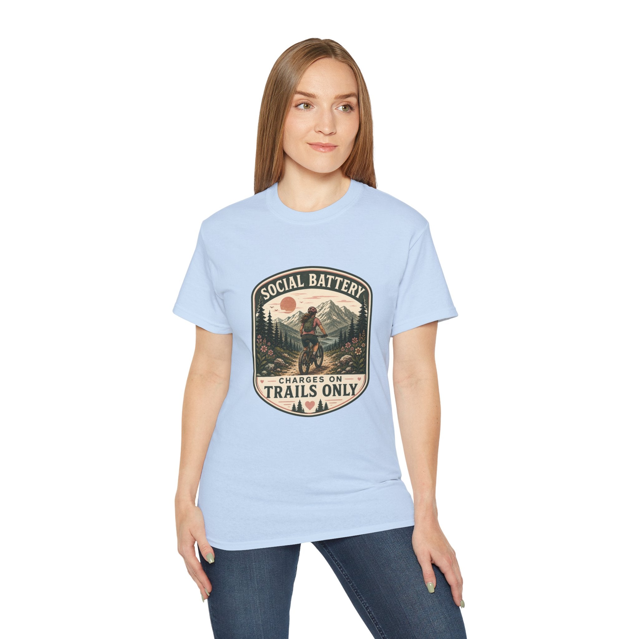 Woman’s Mountain biking T-Shirt — “Social Battery Charges On Trails Only” Outdoor Adventure Tee