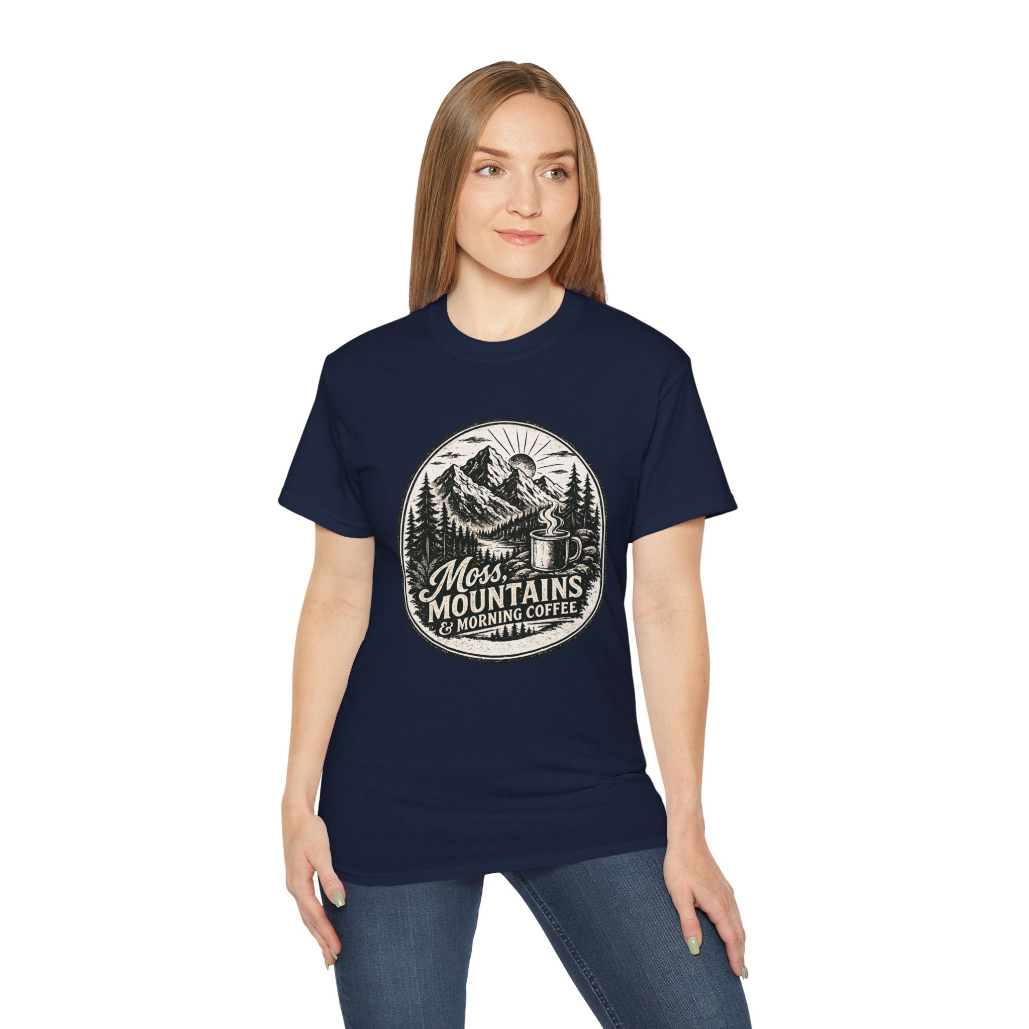 Moss, Mountains & Morning Coffee T-Shirt — Vintage Camping Coffee Tee