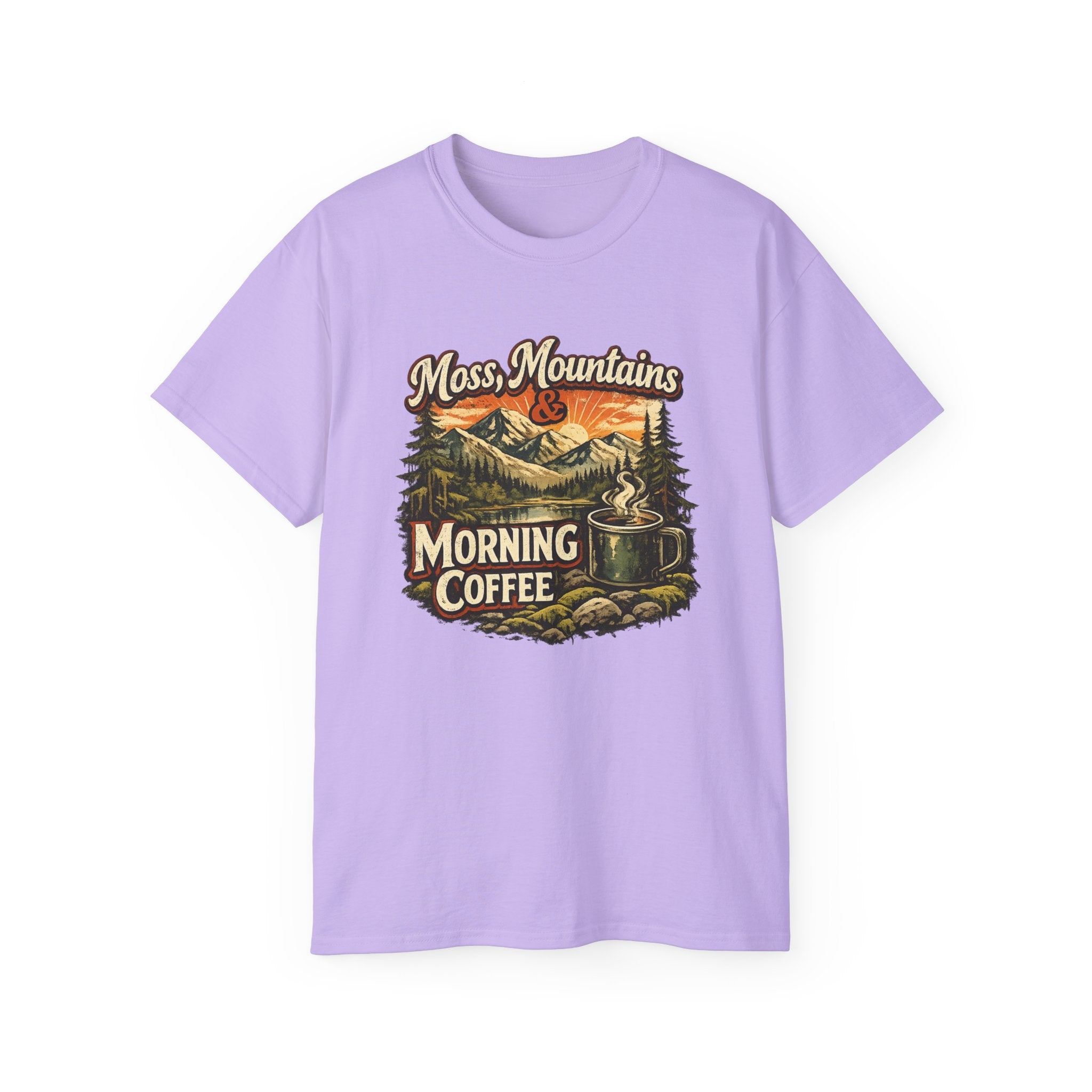 Moss, Mountains & Morning Coffee Tee — Vintage Camping Coffee T‑Shirt