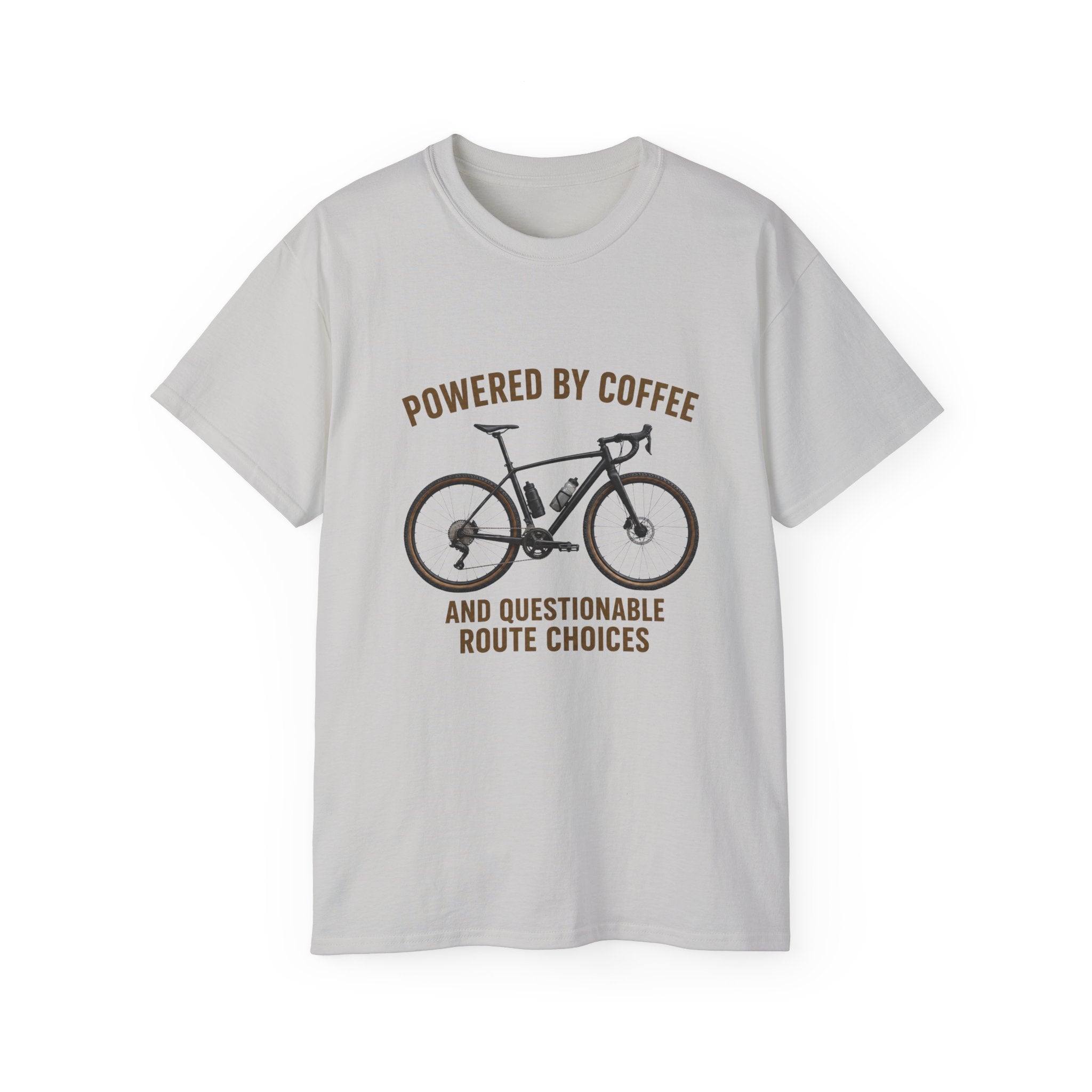 Unisex Coffee-Powered gravel Bike T-Shirt — "Powered by Coffee and Questionable Route Choices"