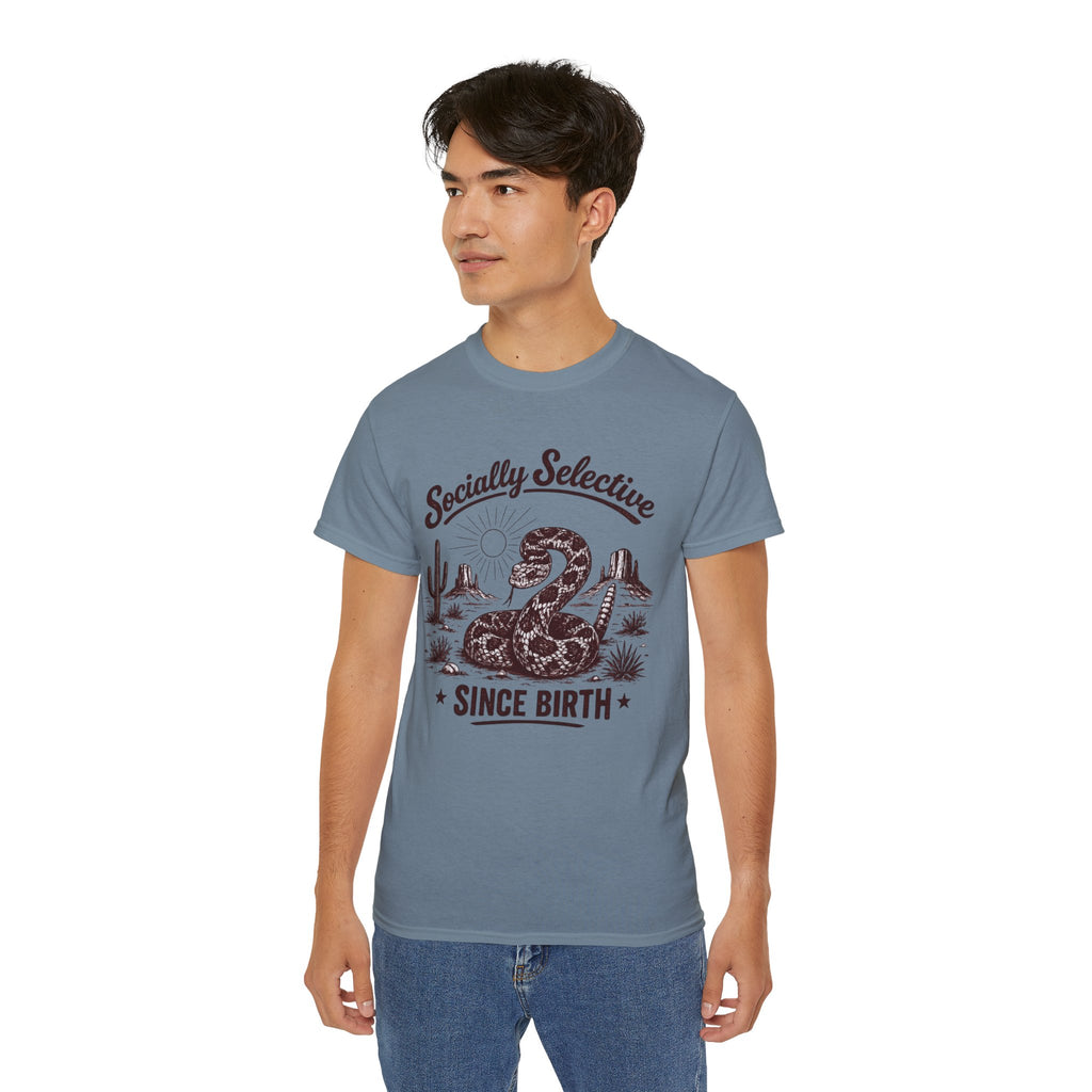 T-Shirt — "Socially Selective Since Birth" Vintage Desert Snake Graphic Tee