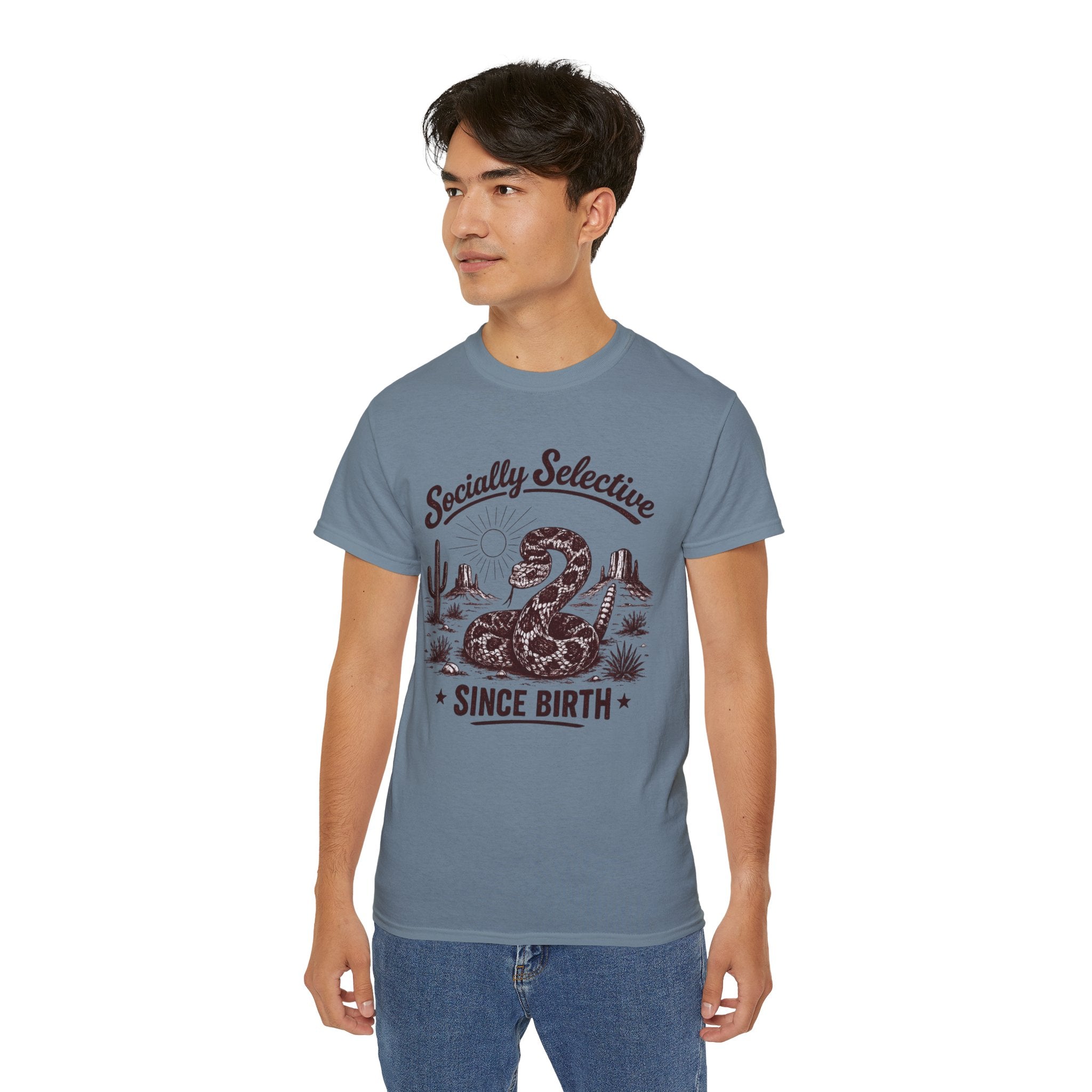 T-Shirt — "Socially Selective Since Birth" Vintage Desert Snake Graphic Tee
