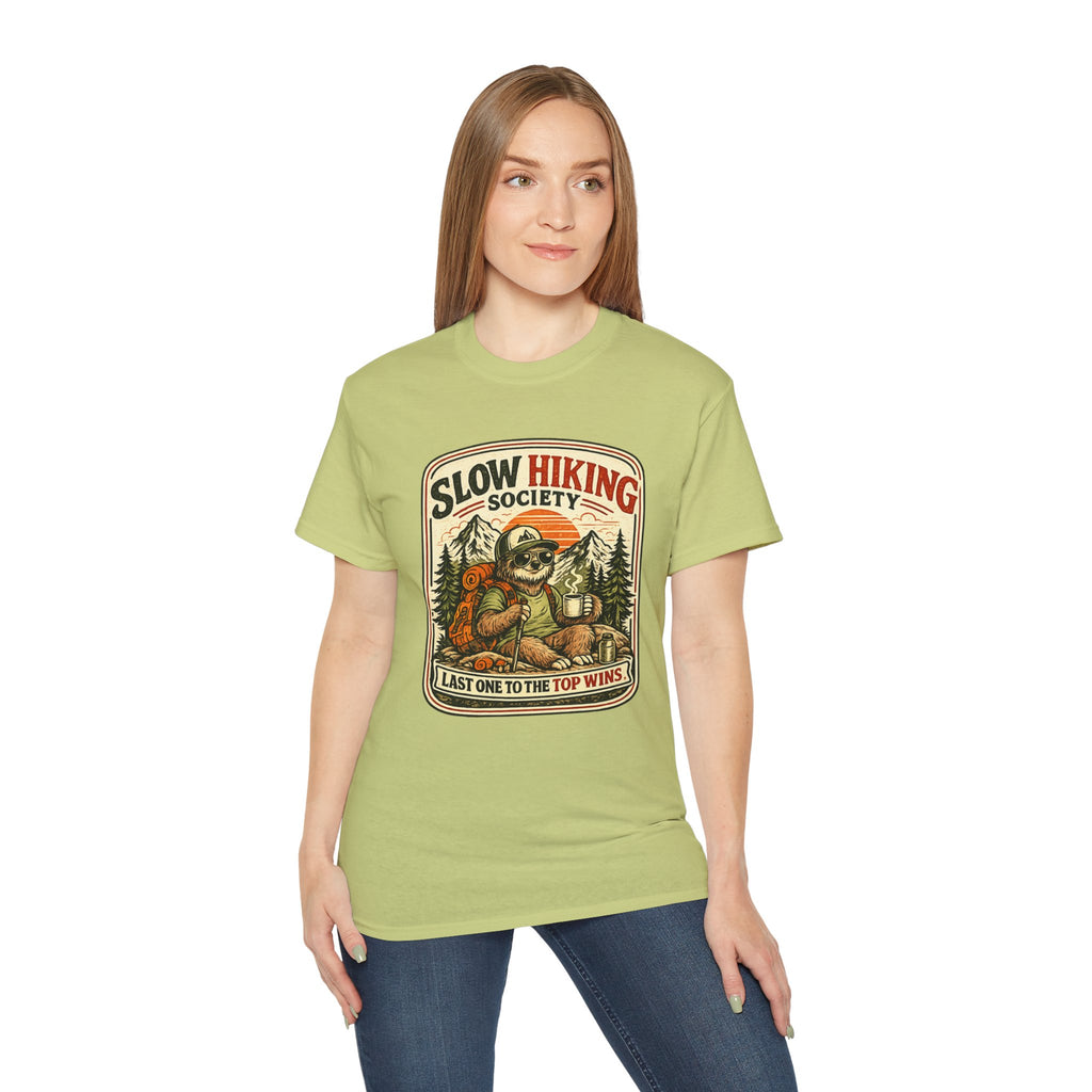 Slow Hiking Society T-Shirt — 'Last One to the Top Wins' Vintage Outdoor Tee