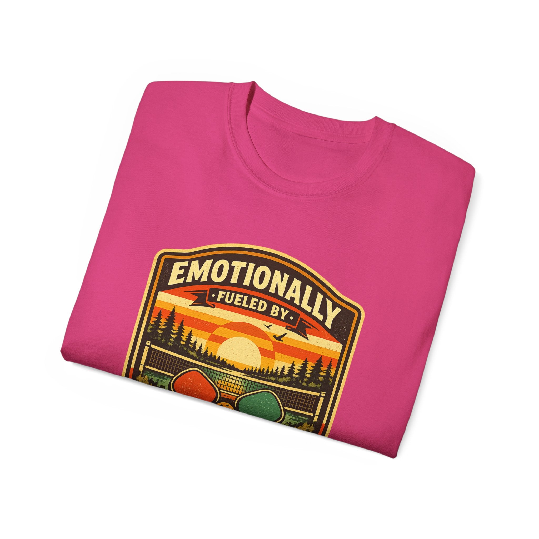 Pickleball Sunset Badge T‑Shirt  Emotionally Fueled by Pickleball