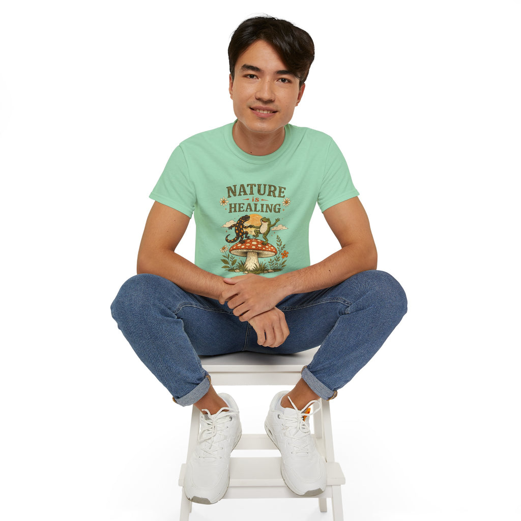 Nature Is Healing T‑Shirt — Retro Mushroom & frog lizard Graphic Tee