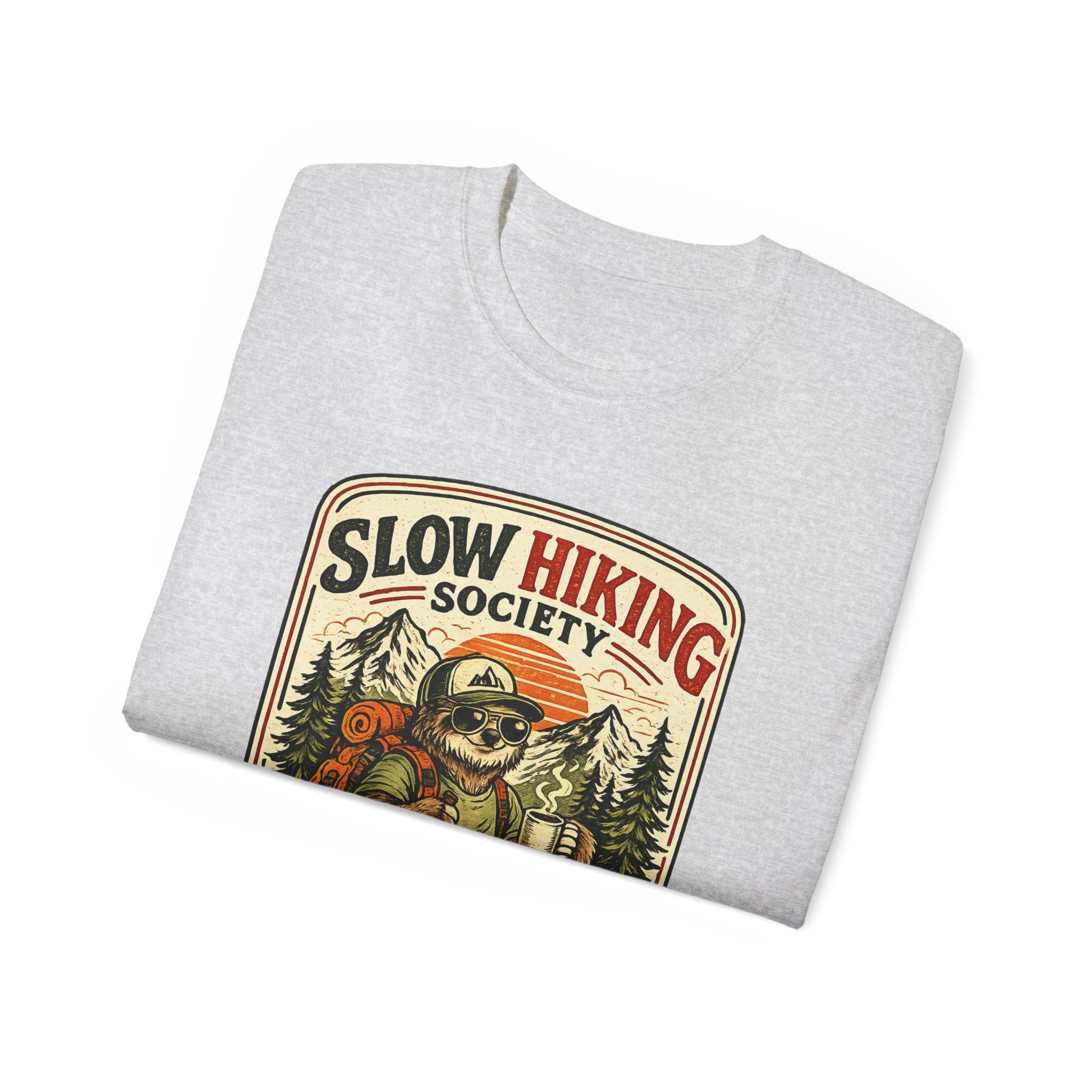 Slow Hiking Society T-Shirt — 'Last One to the Top Wins' Vintage Outdoor Tee