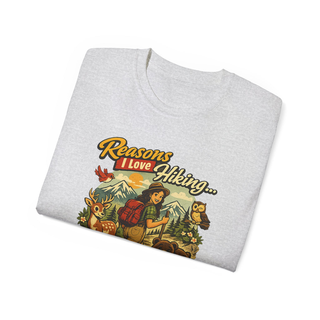 Hiking T-Shirt — "Reasons I Love Hiking... It Keeps Me From Being Charged For Murder" Retro Outdoor Tee