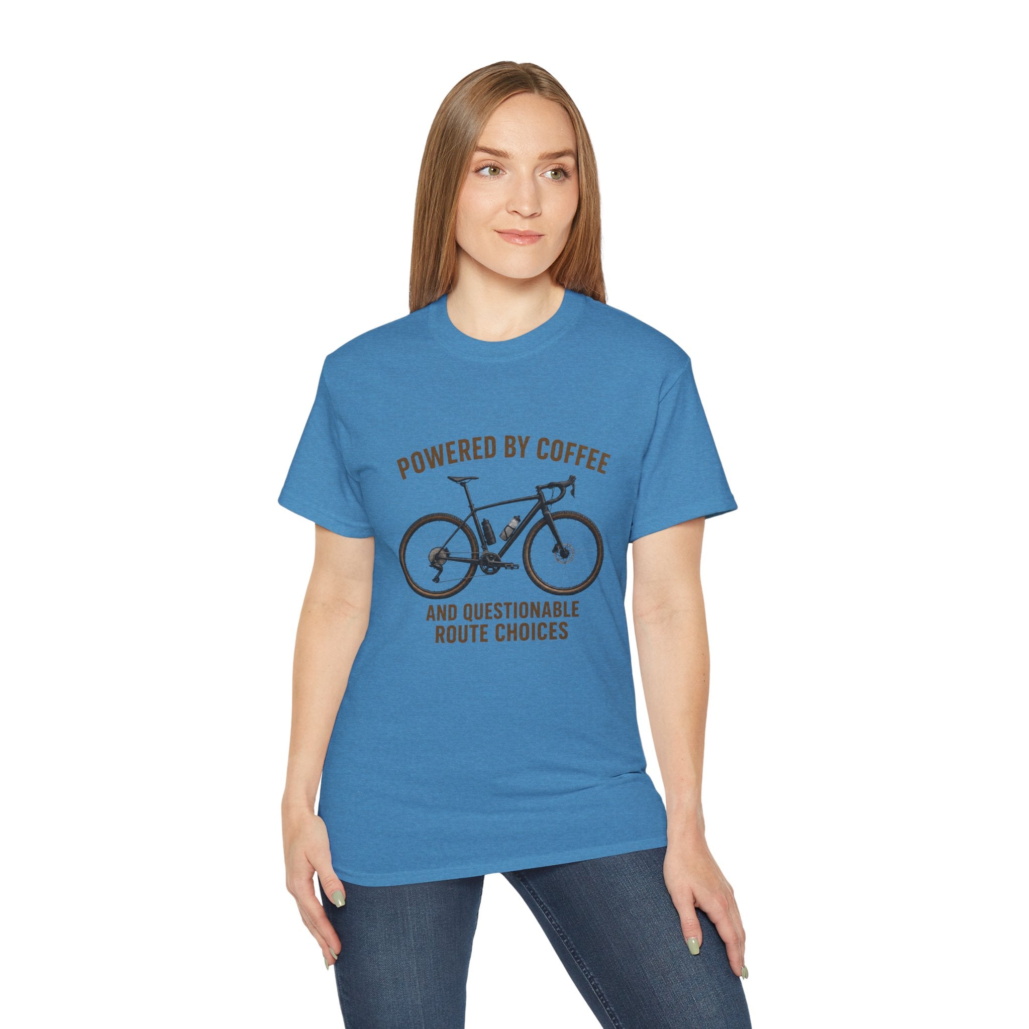 Unisex Coffee-Powered gravel Bike T-Shirt — "Powered by Coffee and Questionable Route Choices"