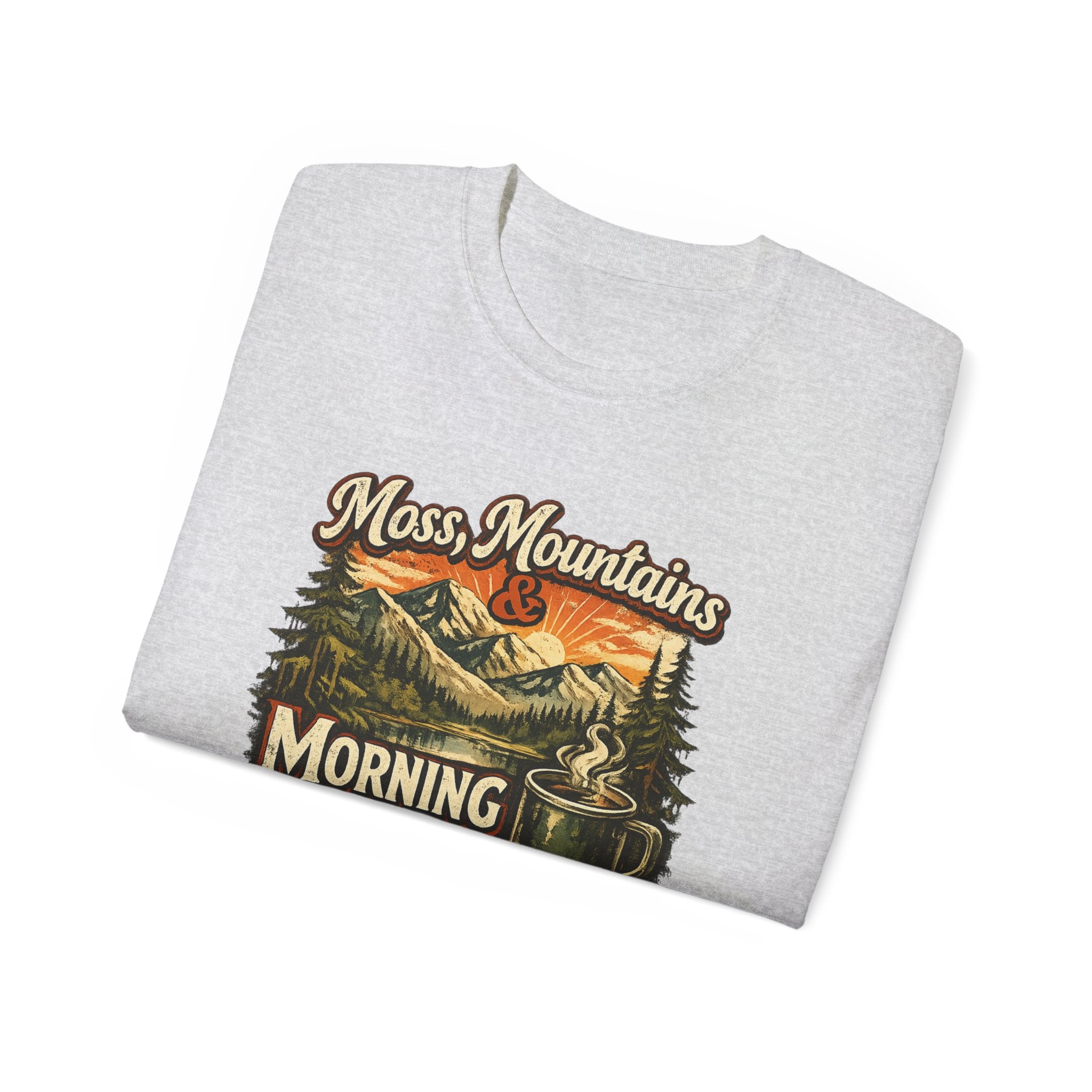 Moss, Mountains & Morning Coffee Tee — Vintage Camping Coffee T‑Shirt