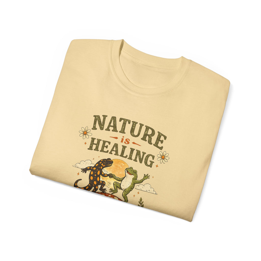 Nature Is Healing T‑Shirt — Retro Mushroom & frog lizard Graphic Tee