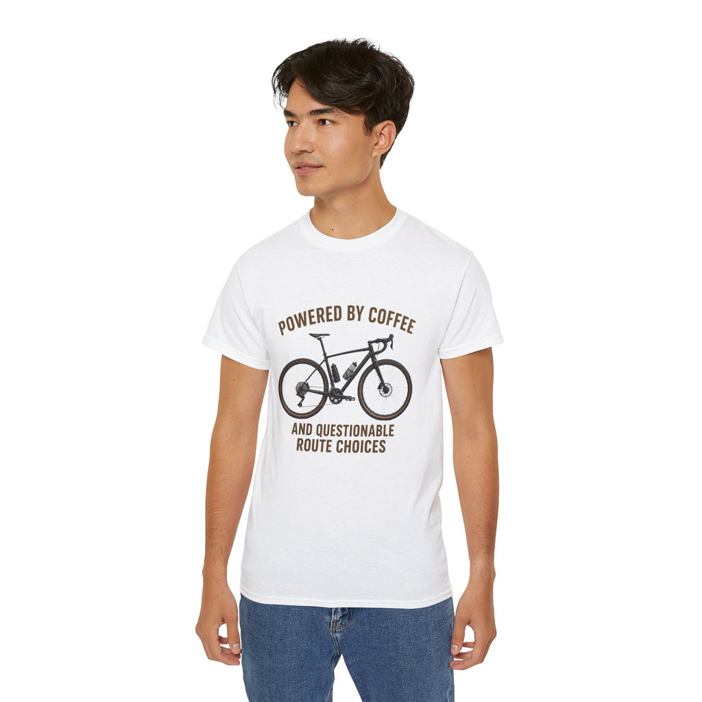 Unisex Coffee-Powered gravel Bike T-Shirt — "Powered by Coffee and Questionable Route Choices"