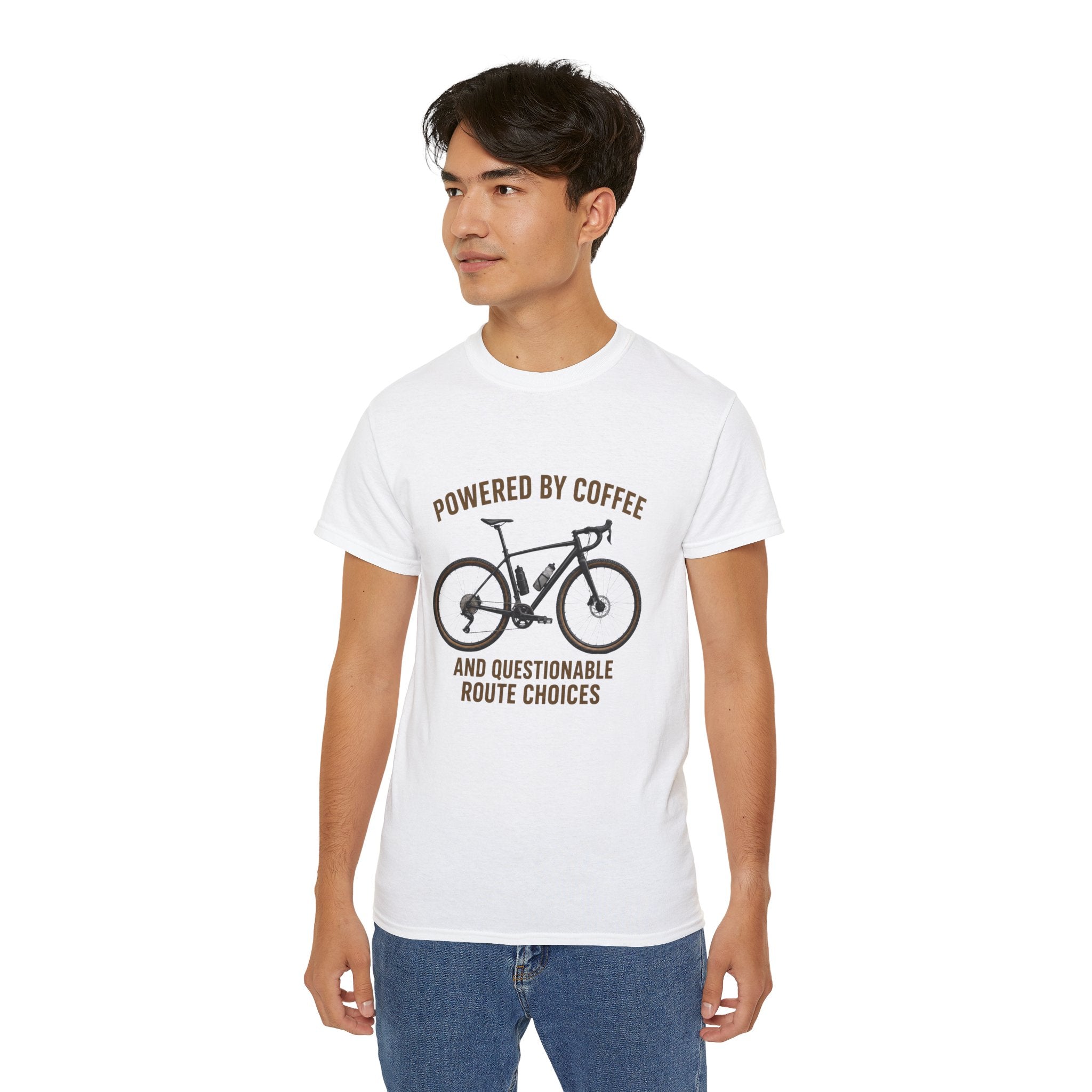 Unisex Coffee-Powered gravel Bike T-Shirt — "Powered by Coffee and Questionable Route Choices"
