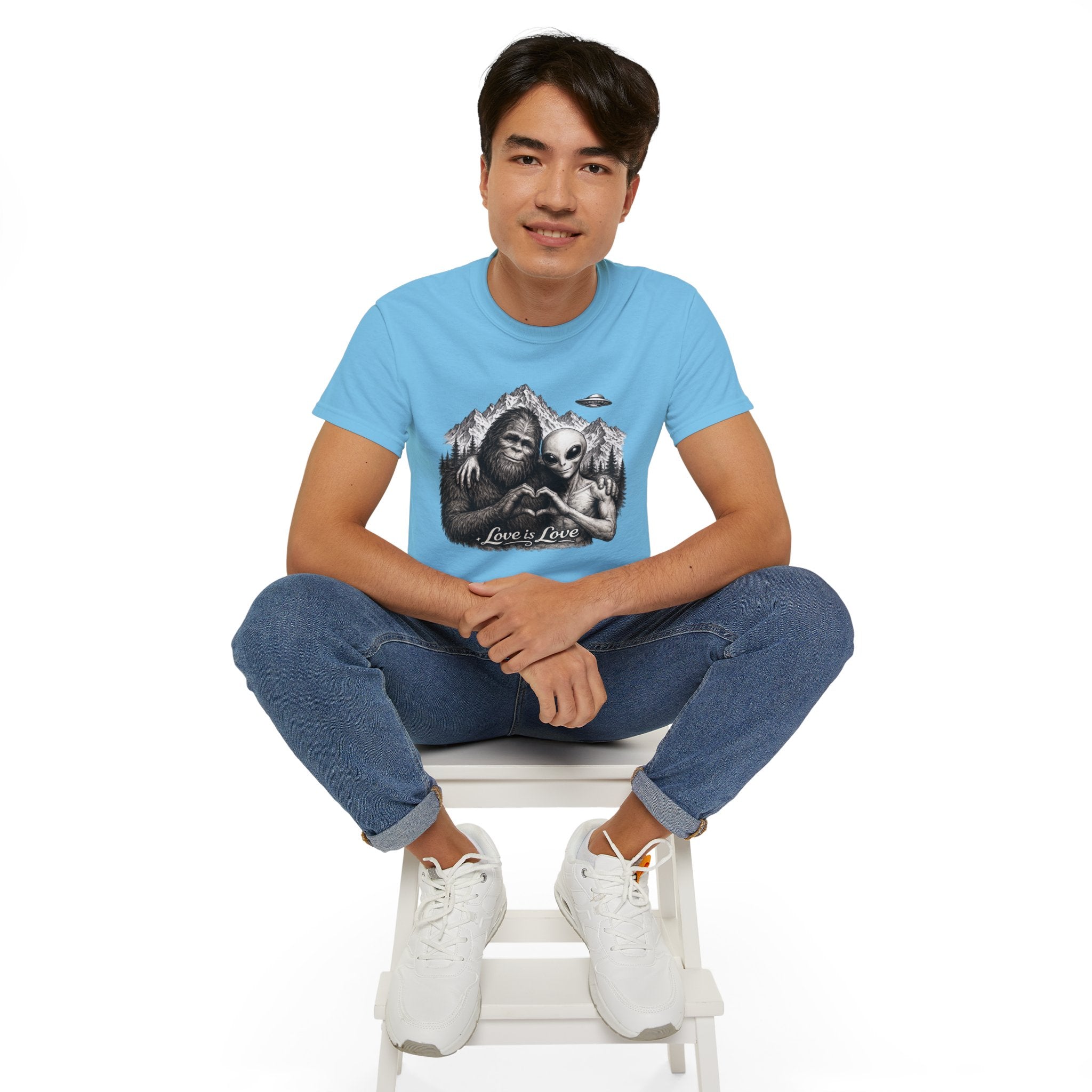 Love Is Love Tee — Bigfoot & Alien Heart Graphic T-Shirt