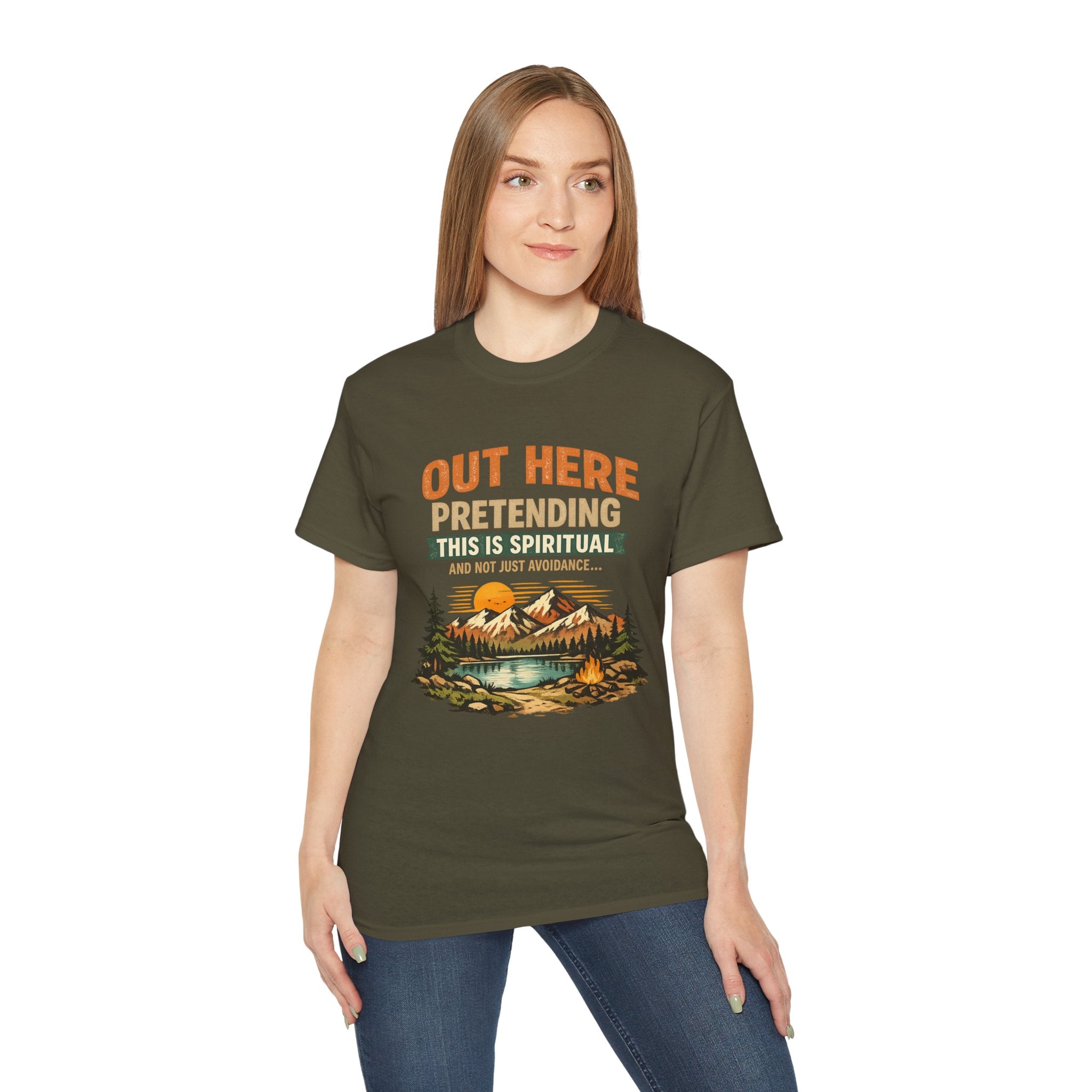 Outdoor Graphic Tee — “Out Here Pretending This Is Spiritual” Mountain Lake T‑Shirt - Because we know the truth and it's okay