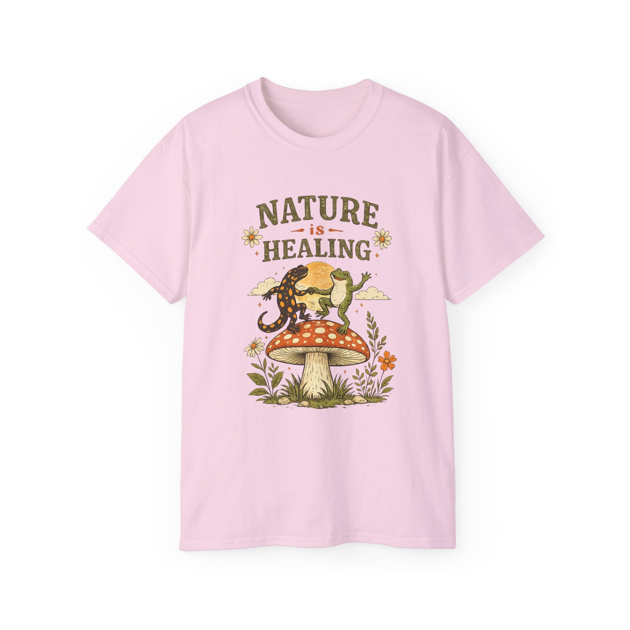 Nature Is Healing T‑Shirt — Retro Mushroom & frog lizard Graphic Tee