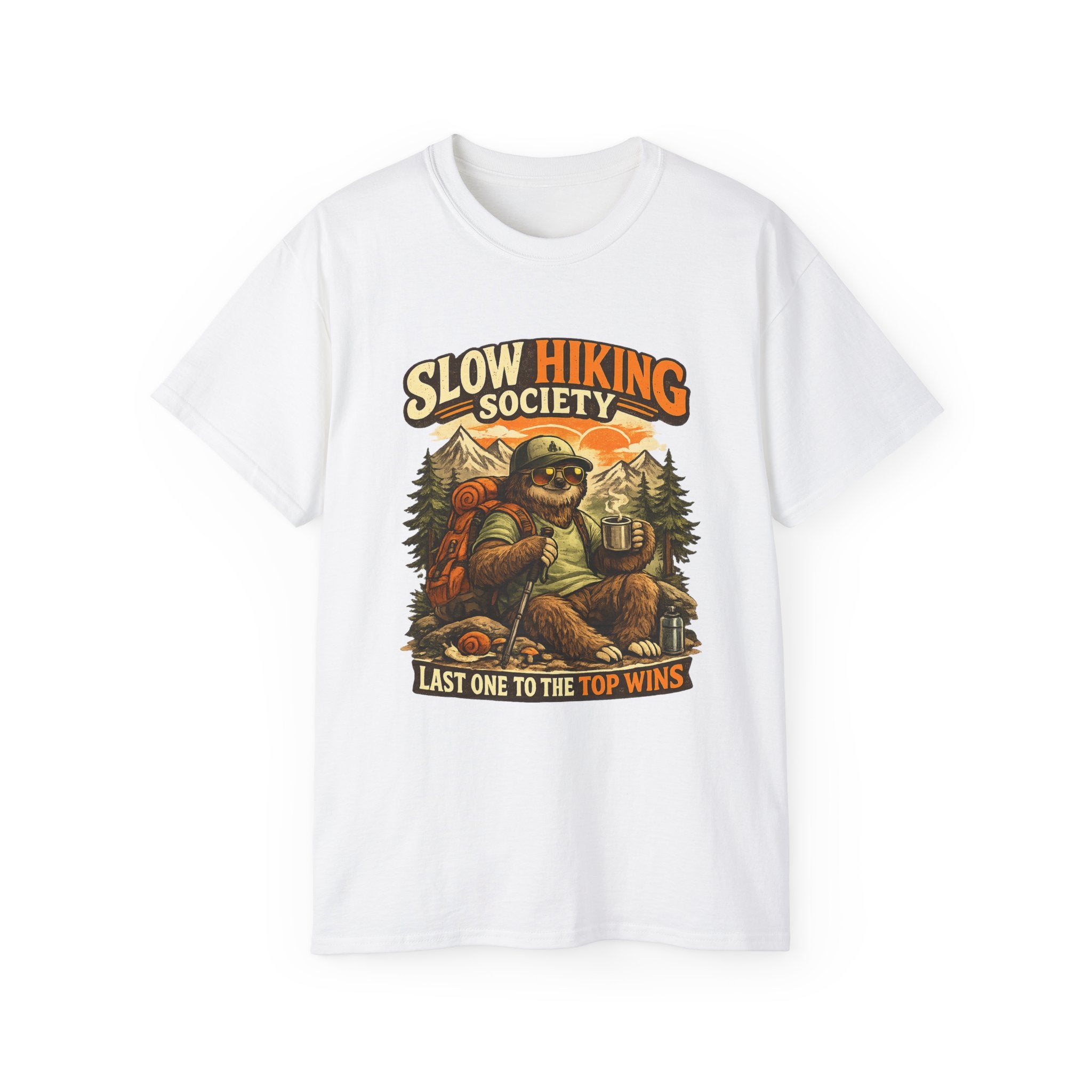Slow Hiking Society T-Shirt — "Last One to the Top Wins" Vintage Outdoor Tee