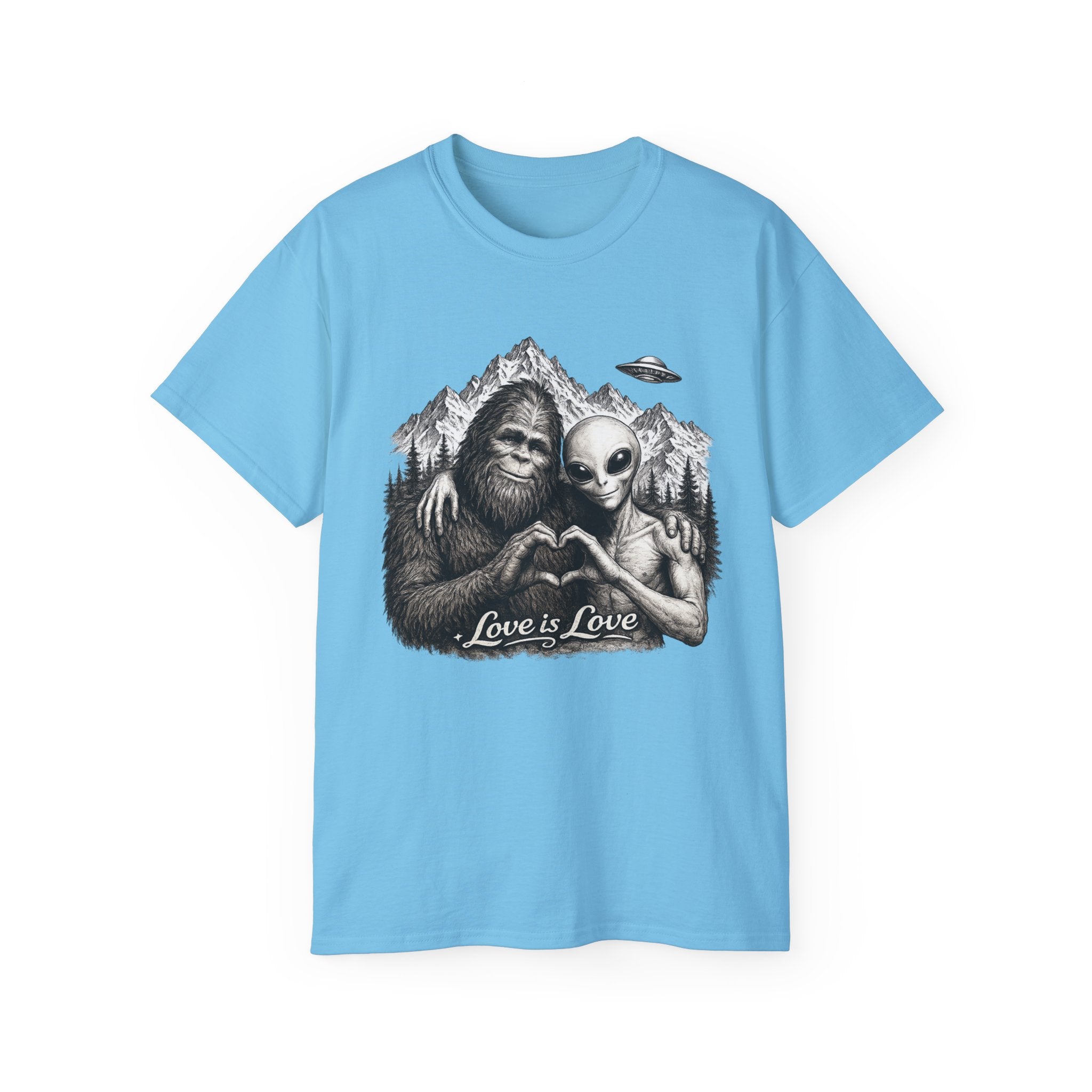 Love Is Love Tee — Bigfoot & Alien Heart Graphic T-Shirt