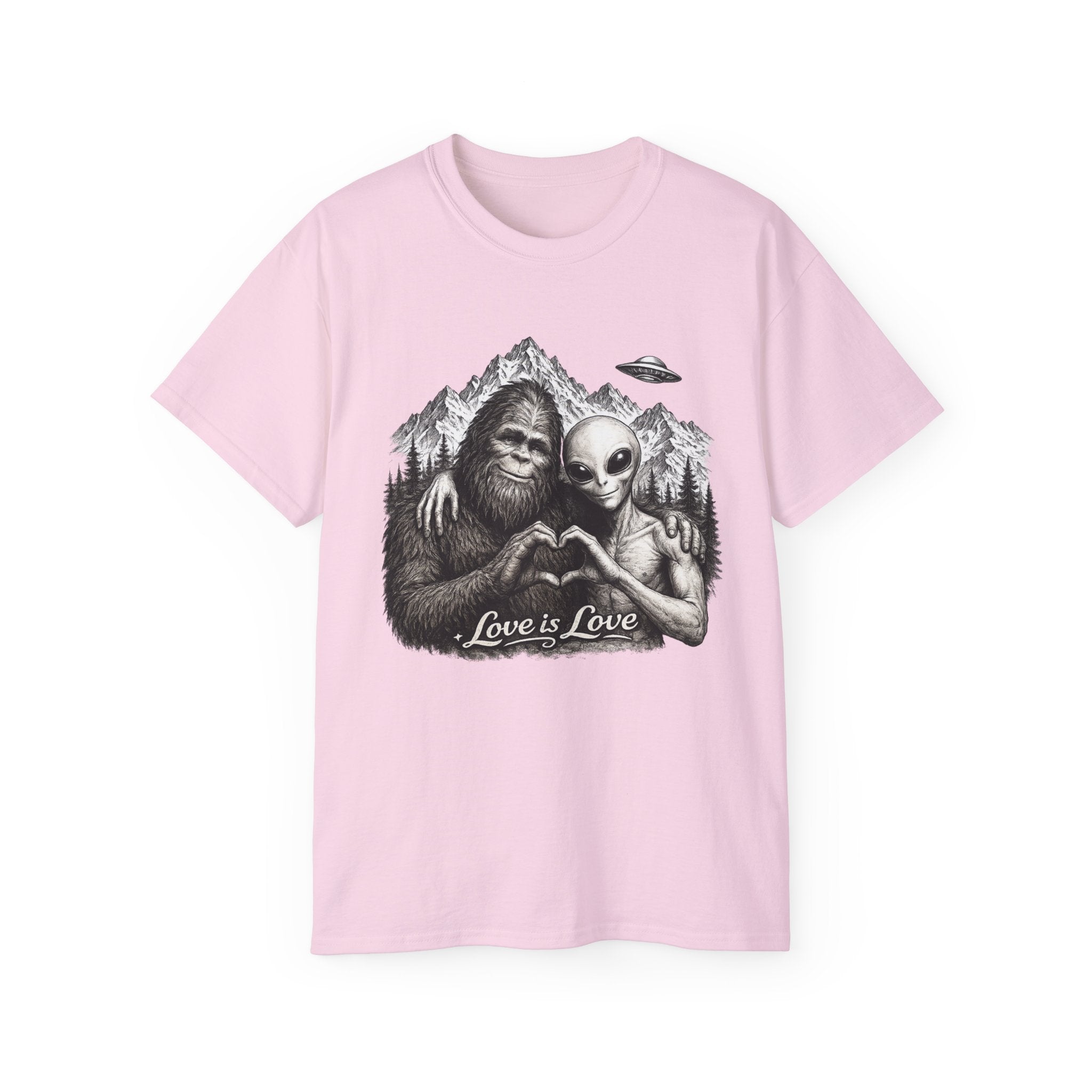 Love Is Love Tee — Bigfoot & Alien Heart Graphic T-Shirt