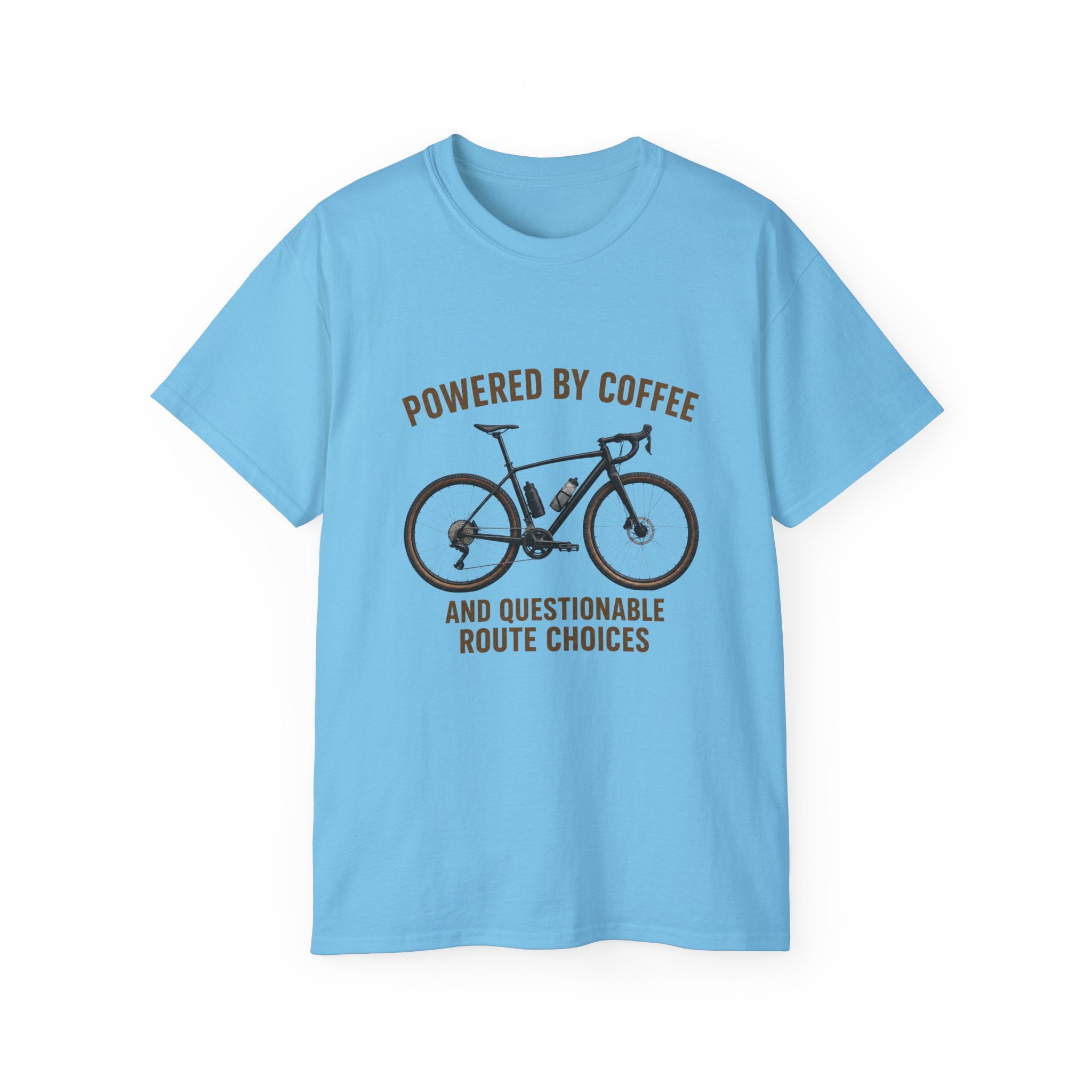 Unisex Coffee-Powered gravel Bike T-Shirt — "Powered by Coffee and Questionable Route Choices"