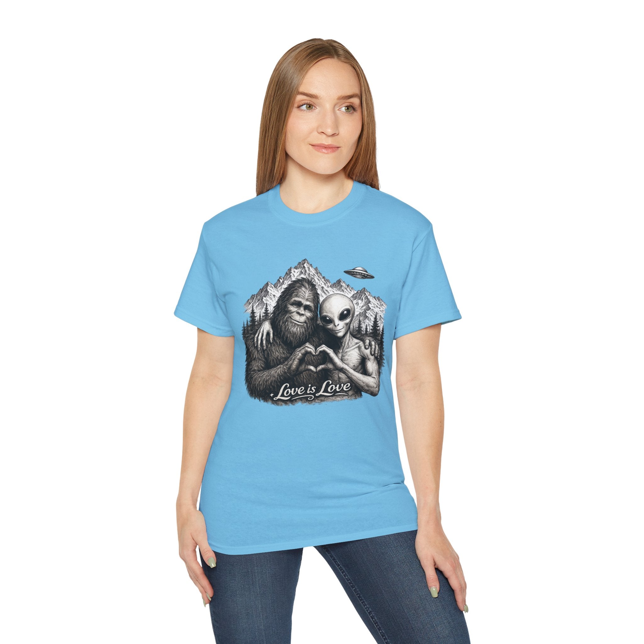 Love Is Love Tee — Bigfoot & Alien Heart Graphic T-Shirt