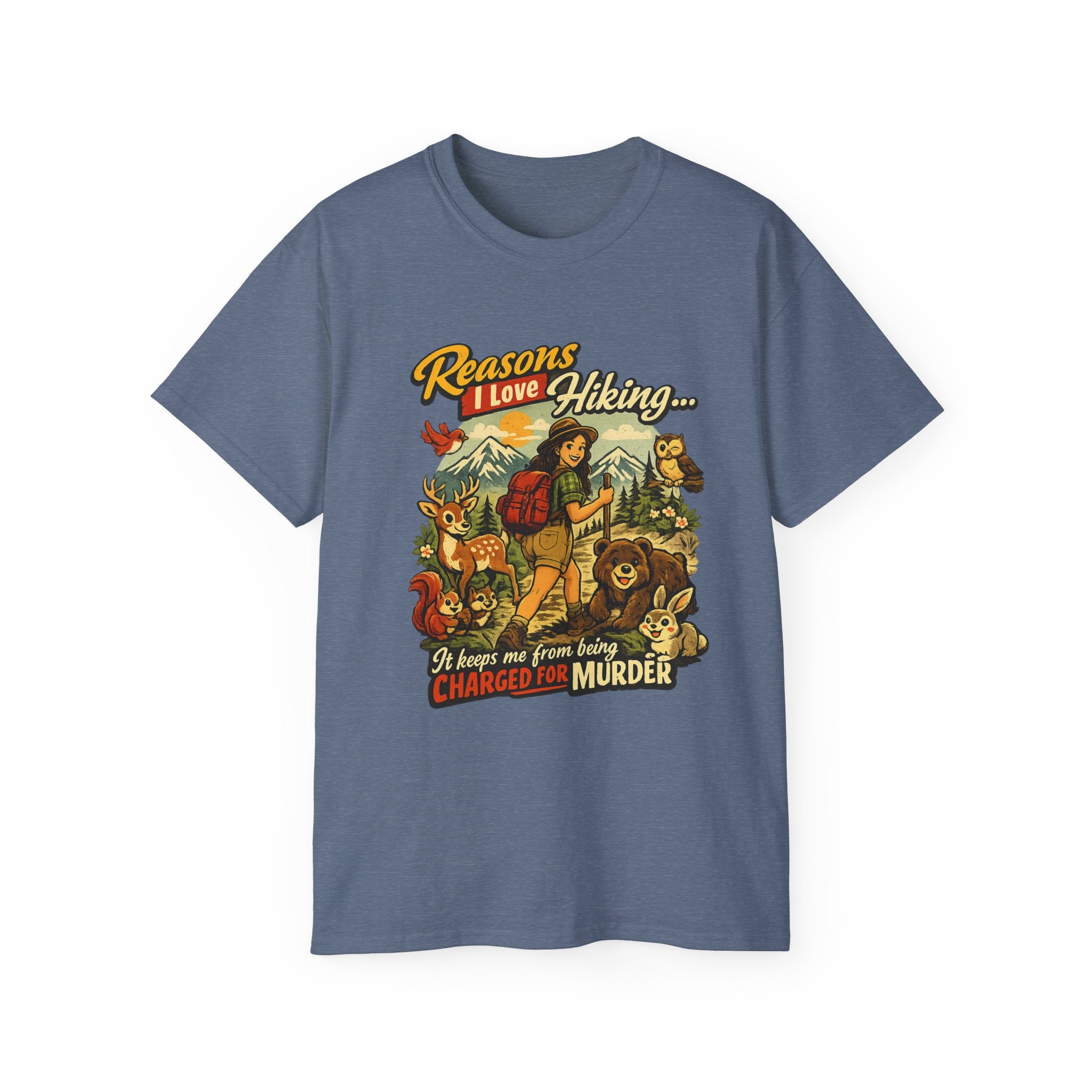 Hiking T-Shirt — "Reasons I Love Hiking... It Keeps Me From Being Charged For Murder" Retro Outdoor Tee