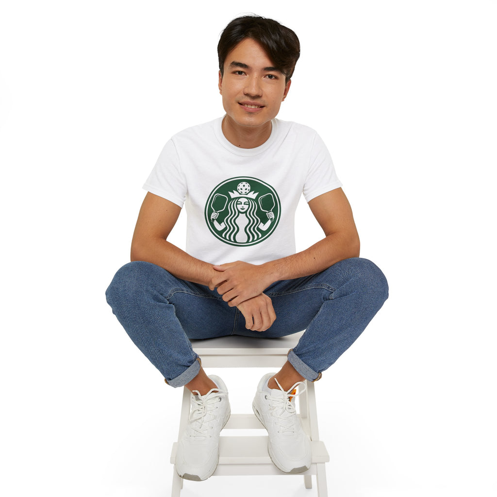 Coffee pickleball Logo Tee — Retro Mermaid Holding paddles Graphic T-Shirt