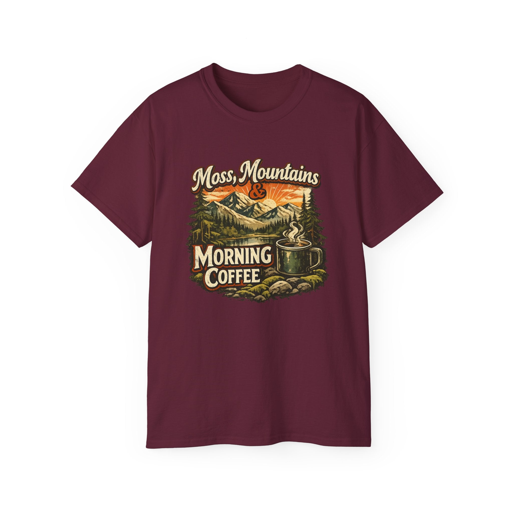 Moss, Mountains & Morning Coffee Tee — Vintage Camping Coffee T‑Shirt