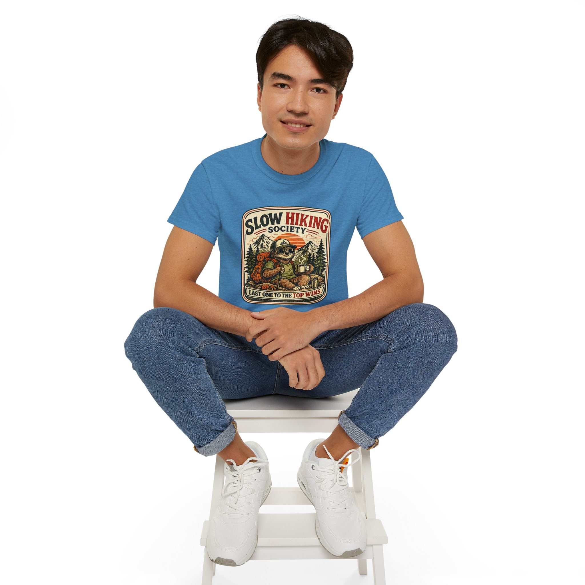 Slow Hiking Society T-Shirt — 'Last One to the Top Wins' Vintage Outdoor Tee