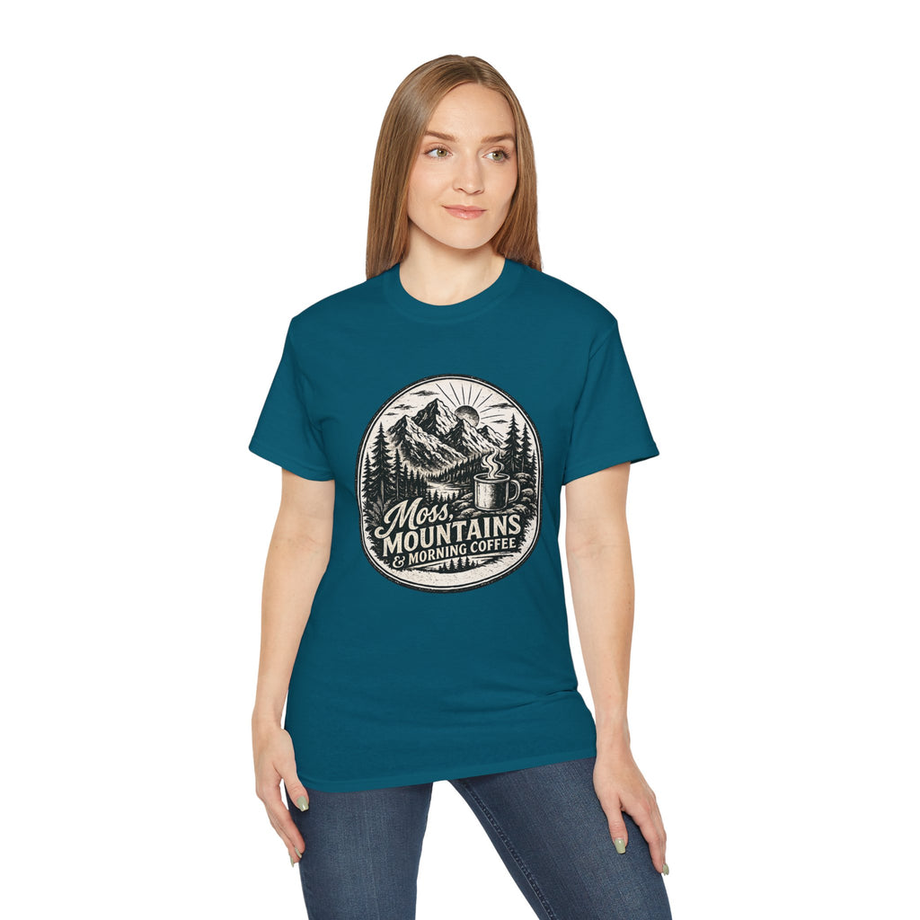 Moss, Mountains & Morning Coffee T-Shirt — Vintage Camping Coffee Tee