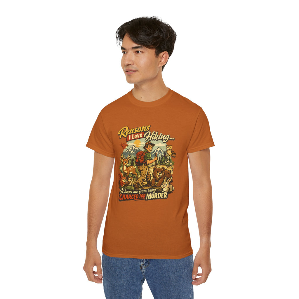 Hiking T-Shirt — Men’s "Reasons I Love Hiking... It Keeps Me From Being Charged For Murder" Vintage Outdoor Tee