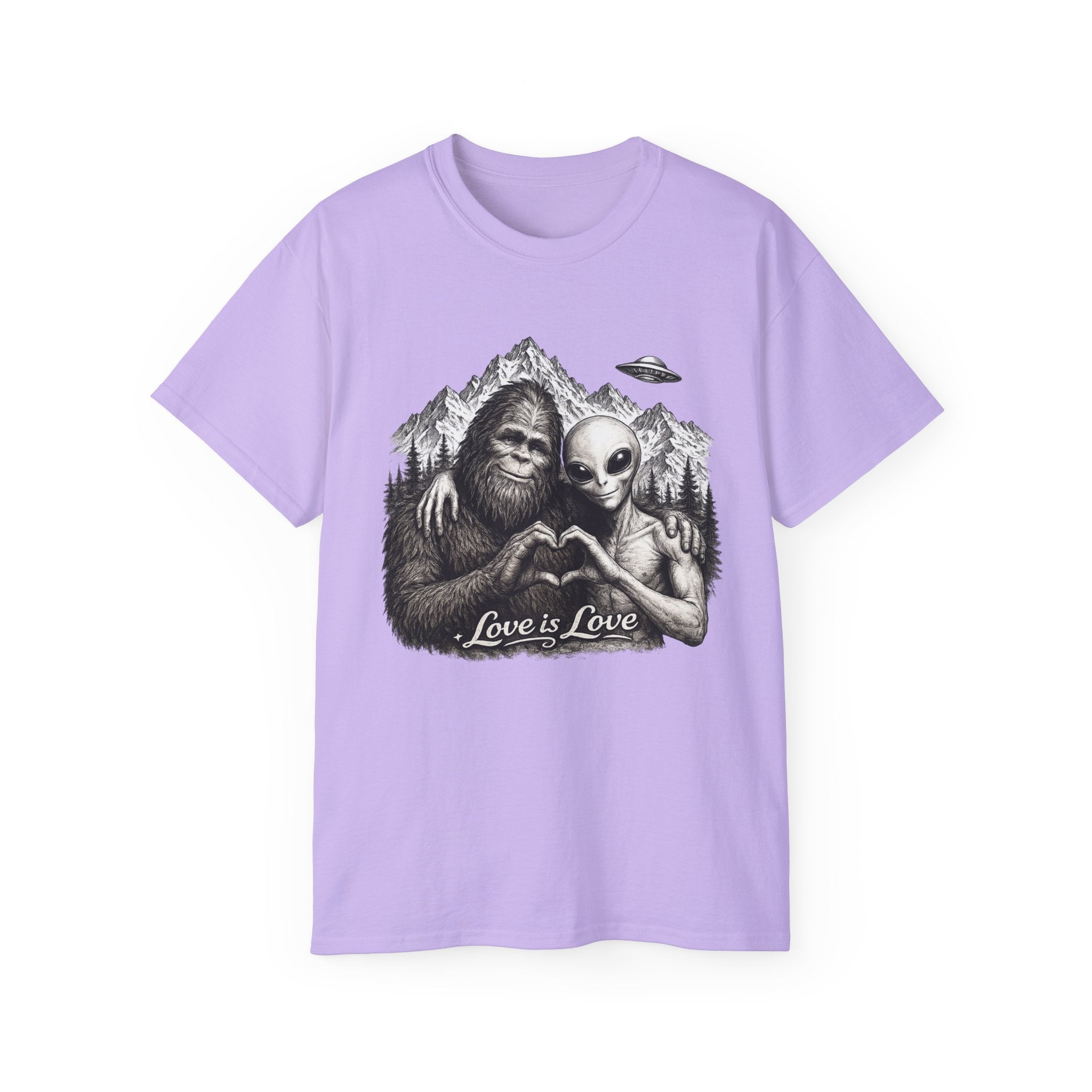 Love Is Love Tee — Bigfoot & Alien Heart Graphic T-Shirt