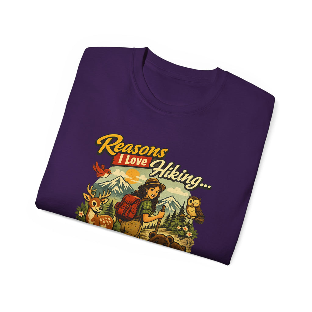 Hiking T-Shirt — "Reasons I Love Hiking... It Keeps Me From Being Charged For Murder" Retro Outdoor Tee