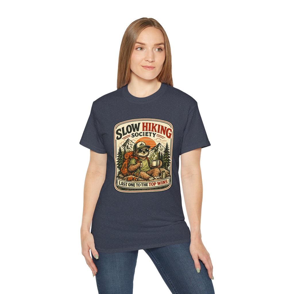 Slow Hiking Society T-Shirt — 'Last One to the Top Wins' Vintage Outdoor Tee