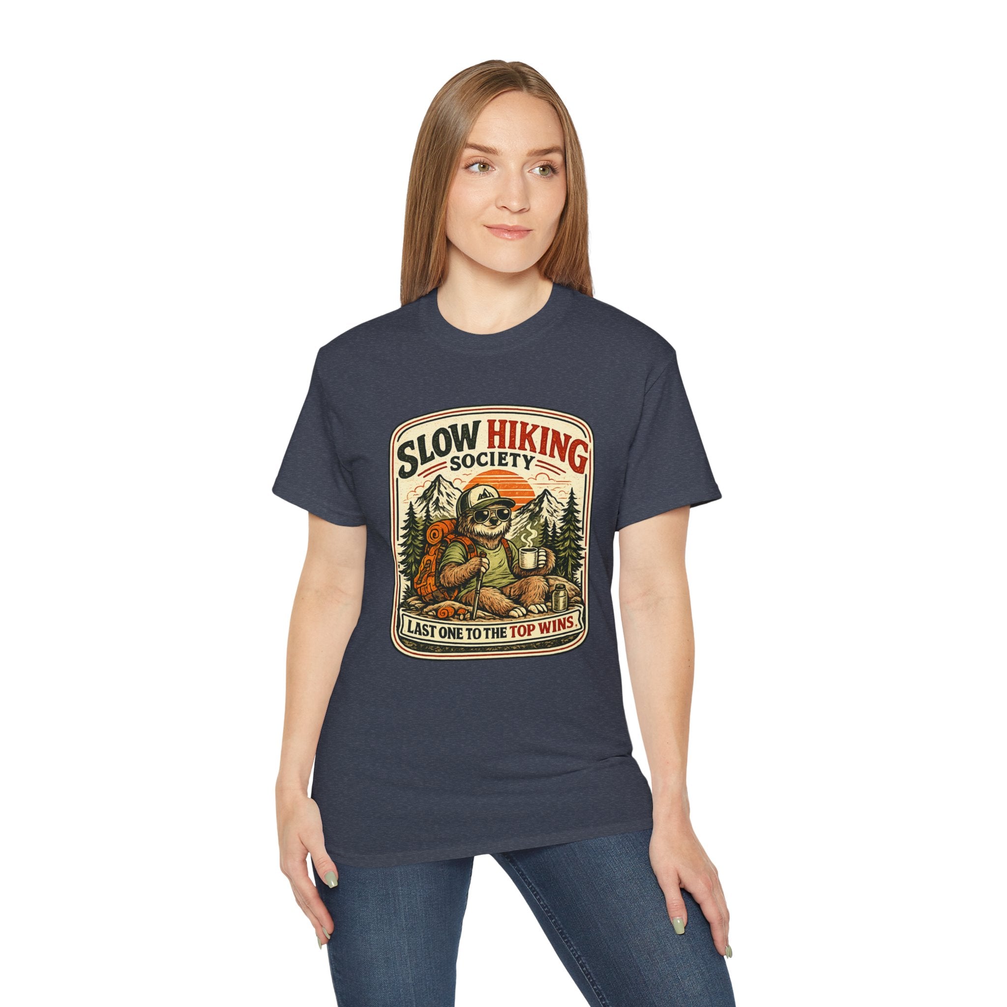 Slow Hiking Society T-Shirt — 'Last One to the Top Wins' Vintage Outdoor Tee