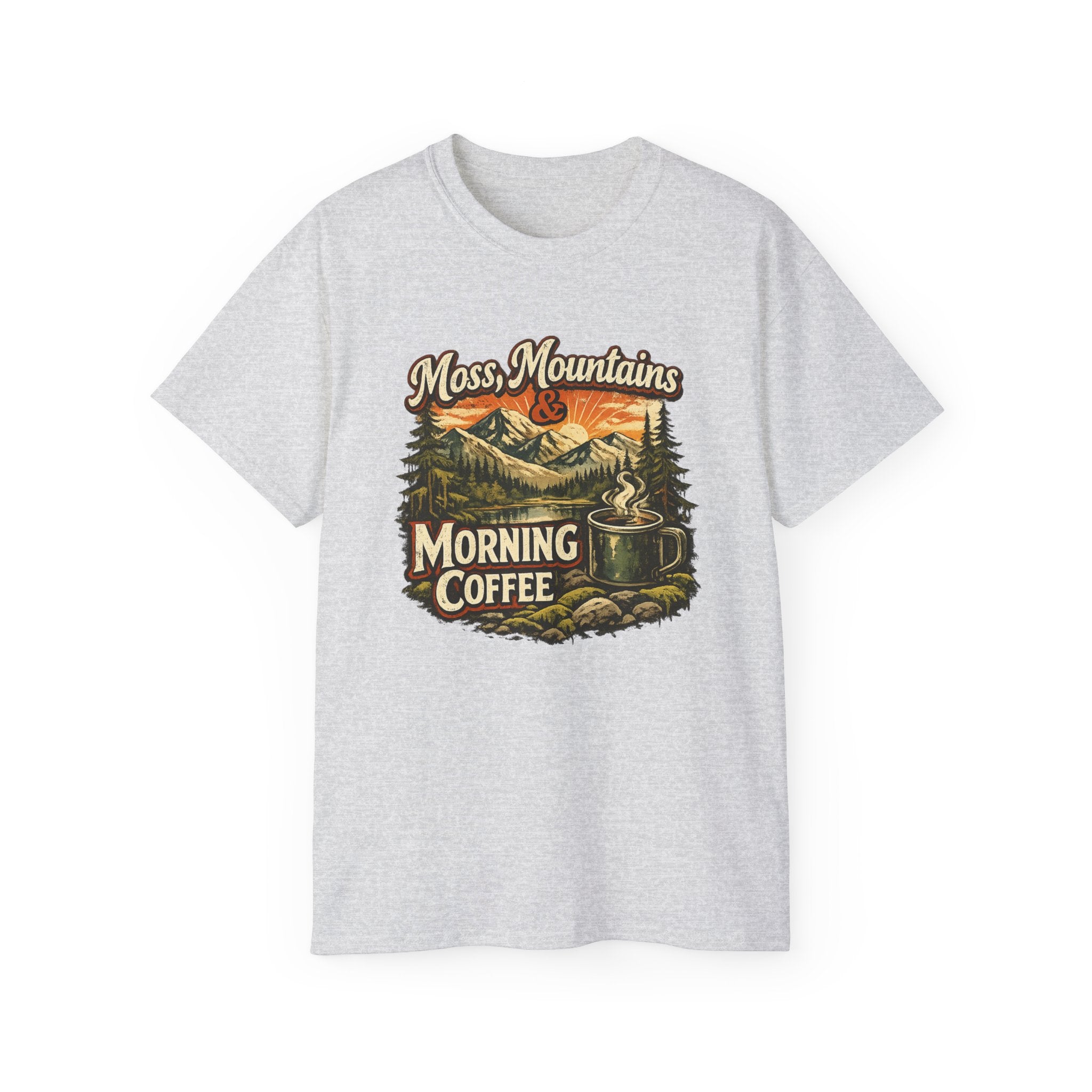 Moss, Mountains & Morning Coffee Tee — Vintage Camping Coffee T‑Shirt