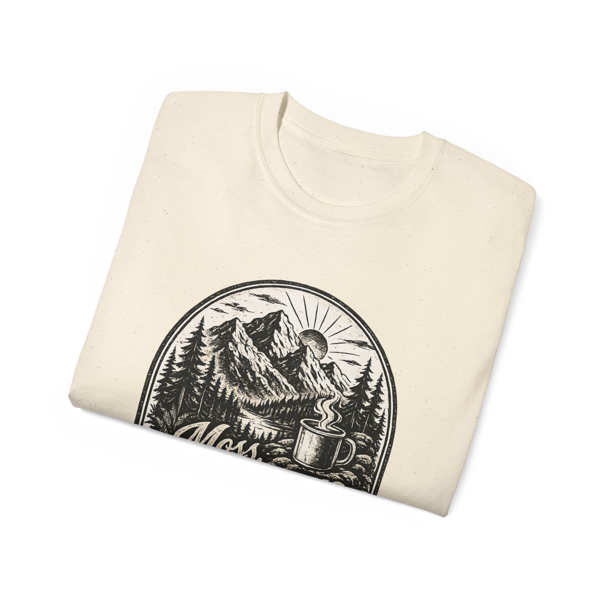 Moss, Mountains & Morning Coffee T-Shirt — Vintage Camping Coffee Tee