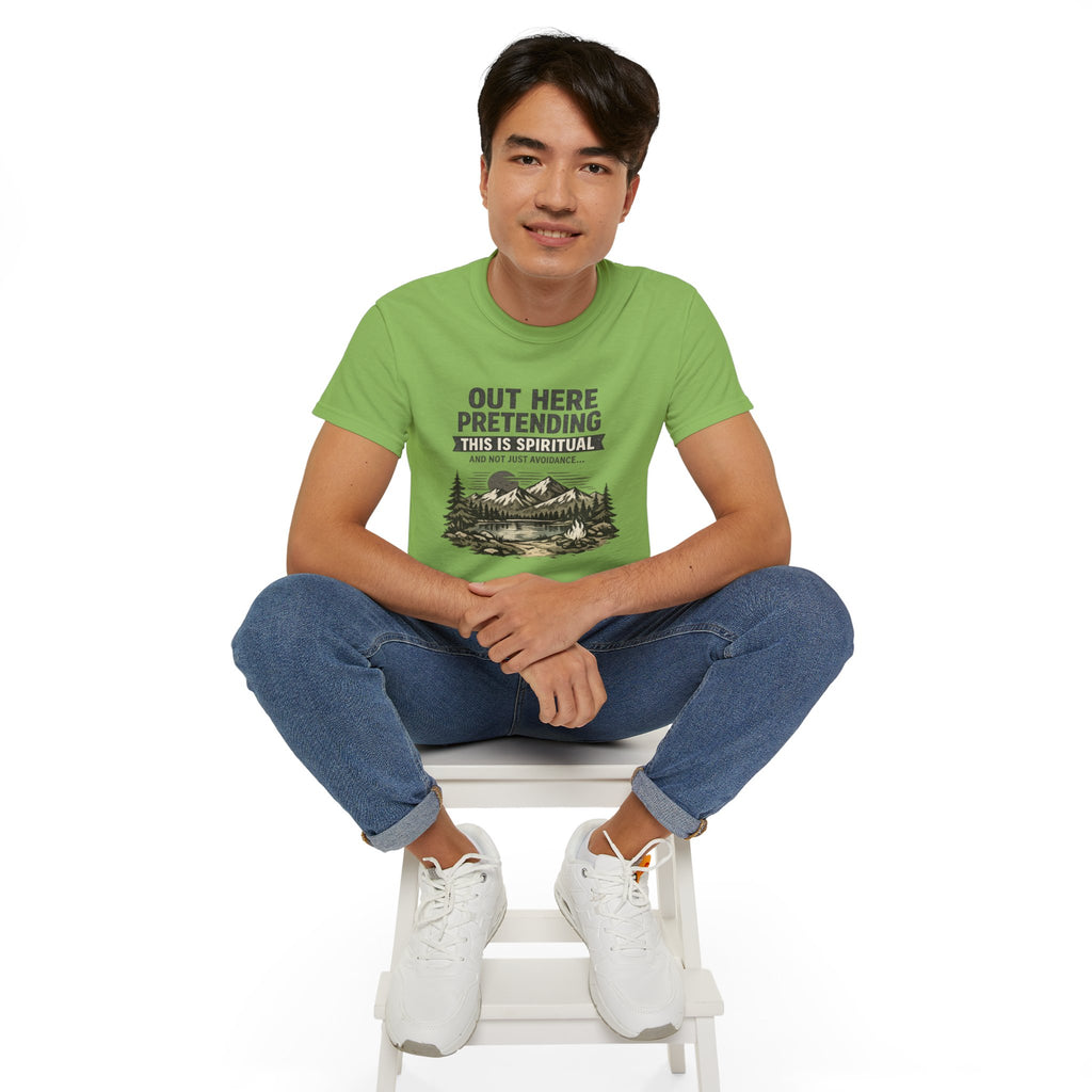 “Out Here Pretending This Is Spiritual” Mountain Camping Shirt