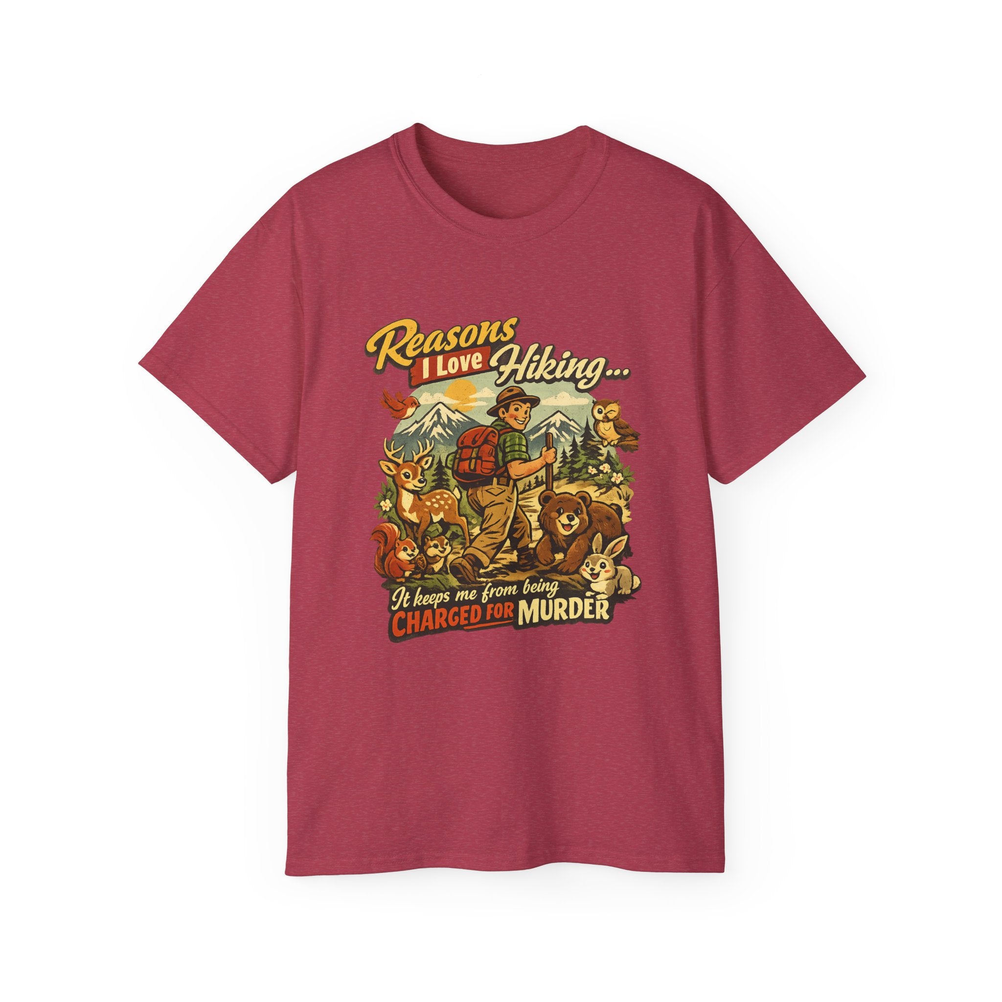 Hiking T-Shirt — Men’s "Reasons I Love Hiking... It Keeps Me From Being Charged For Murder" Vintage Outdoor Tee
