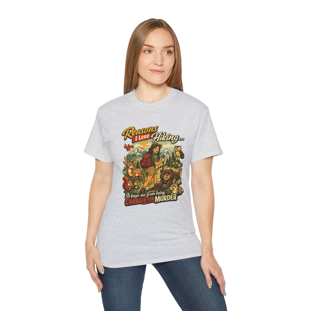 Hiking T-Shirt — "Reasons I Love Hiking... It Keeps Me From Being Charged For Murder" Retro Outdoor Tee