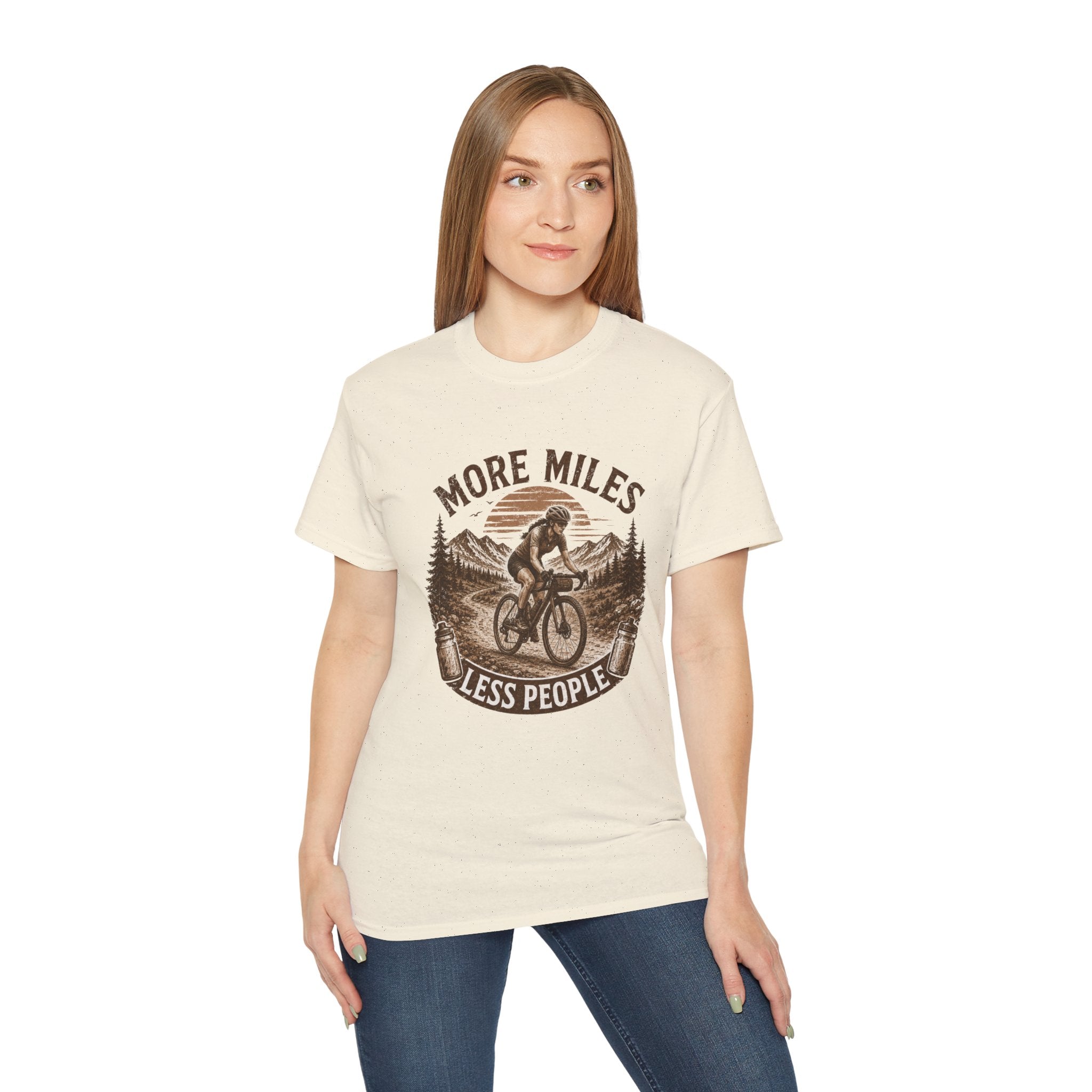 Women’s Gravel Cycling Tee — "More Miles Less People" Gravel Biker Shirt