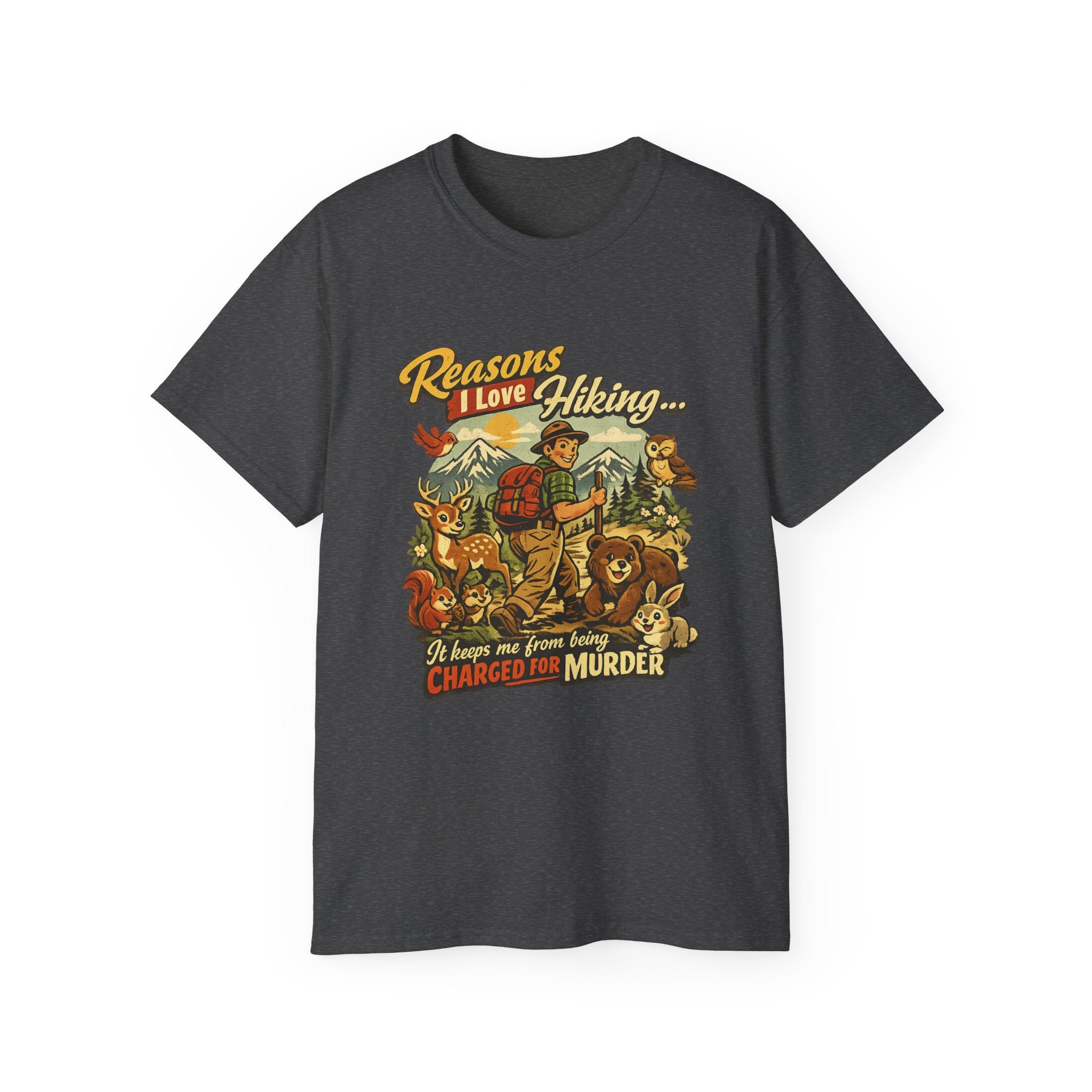 Hiking T-Shirt — Men’s "Reasons I Love Hiking... It Keeps Me From Being Charged For Murder" Vintage Outdoor Tee