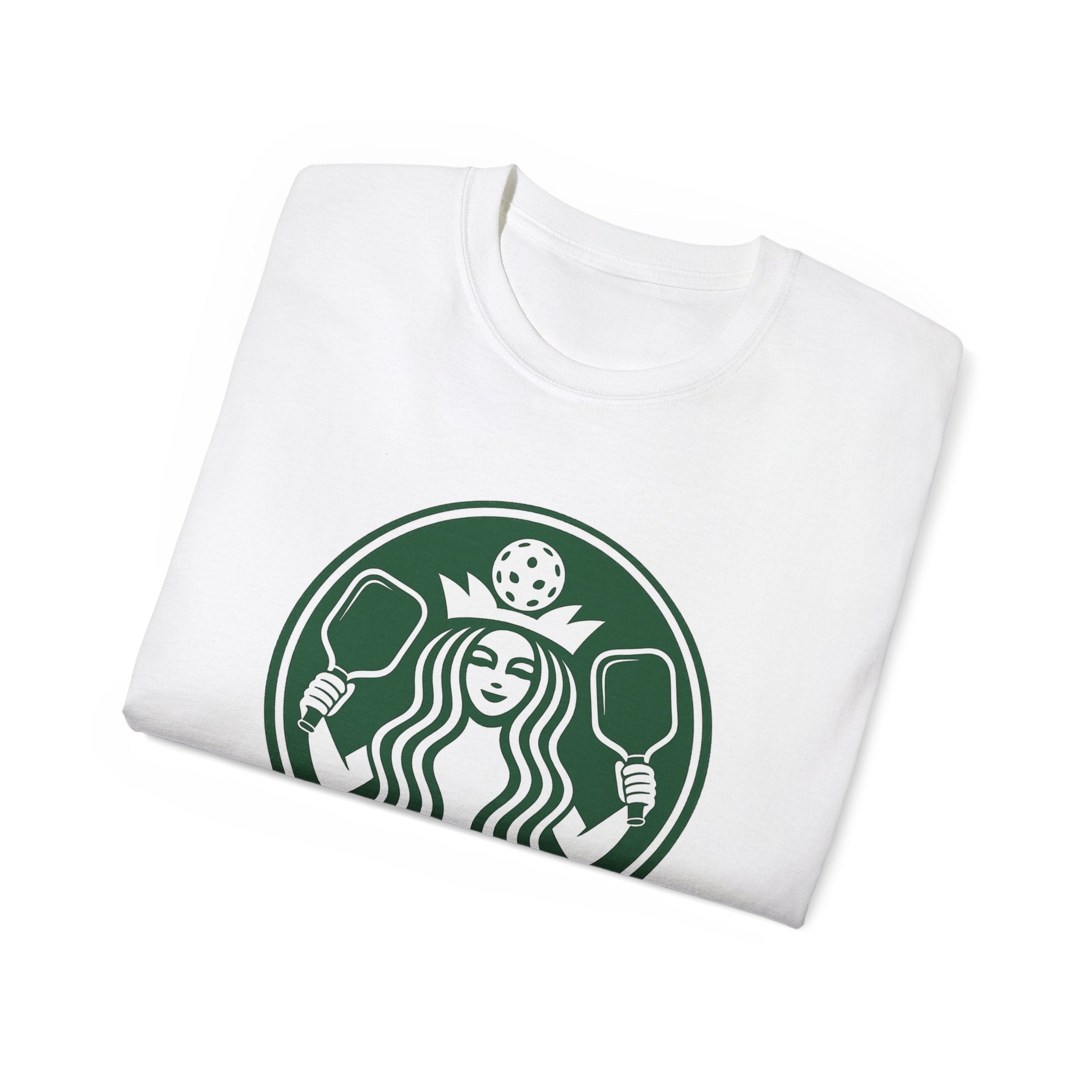 Coffee pickleball Logo Tee — Retro Mermaid Holding paddles Graphic T-Shirt