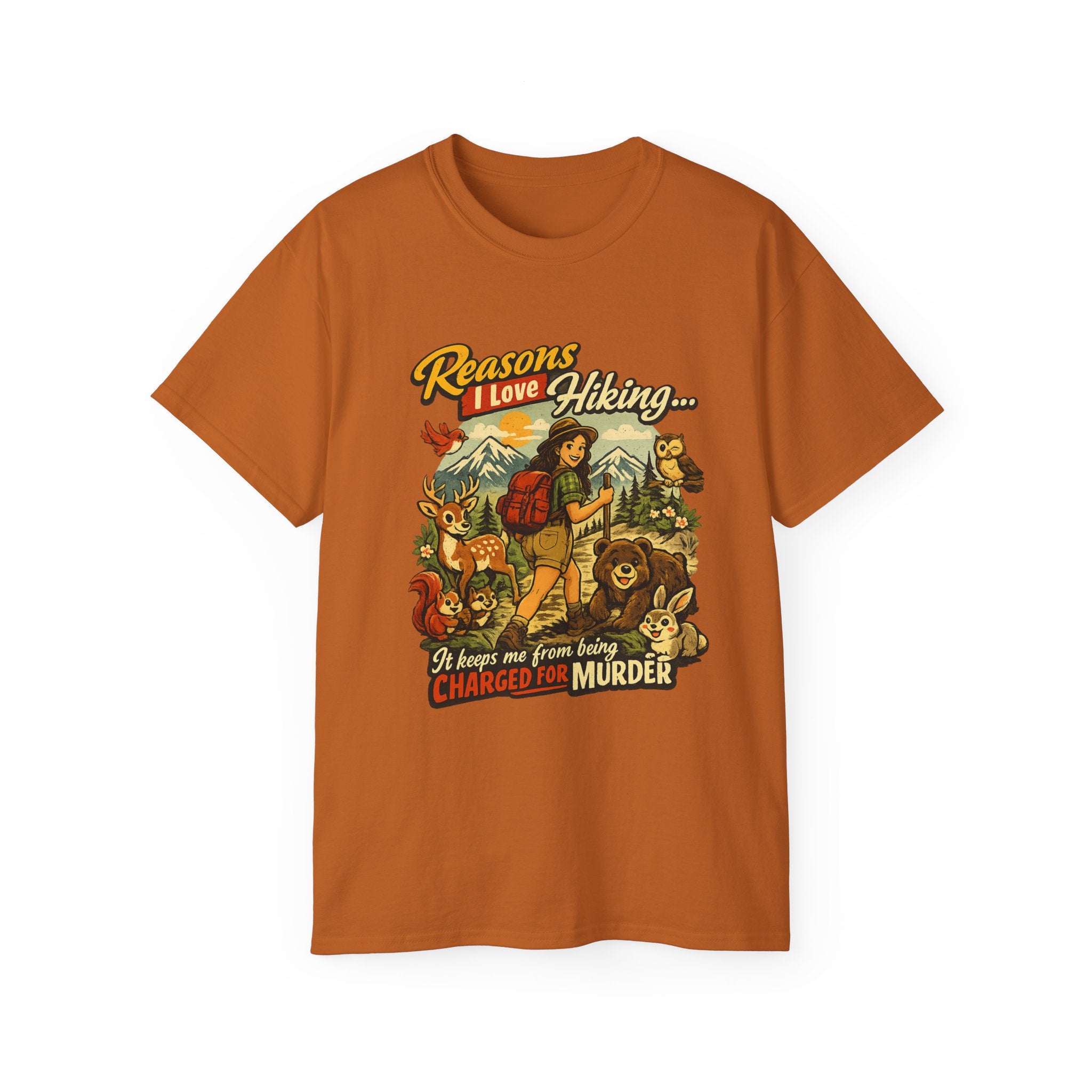 Hiking T-Shirt — "Reasons I Love Hiking... It Keeps Me From Being Charged For Murder" Retro Outdoor Tee