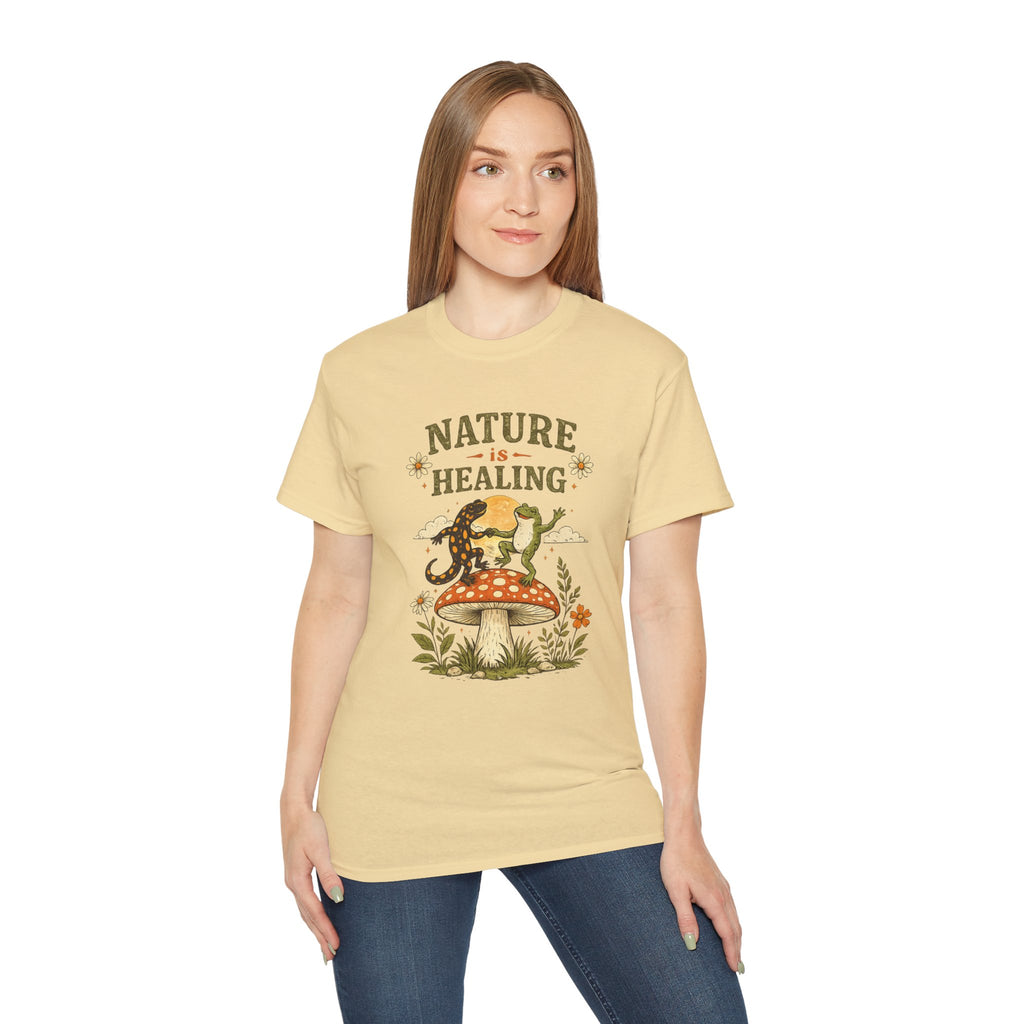 Nature Is Healing T‑Shirt — Retro Mushroom & frog lizard Graphic Tee