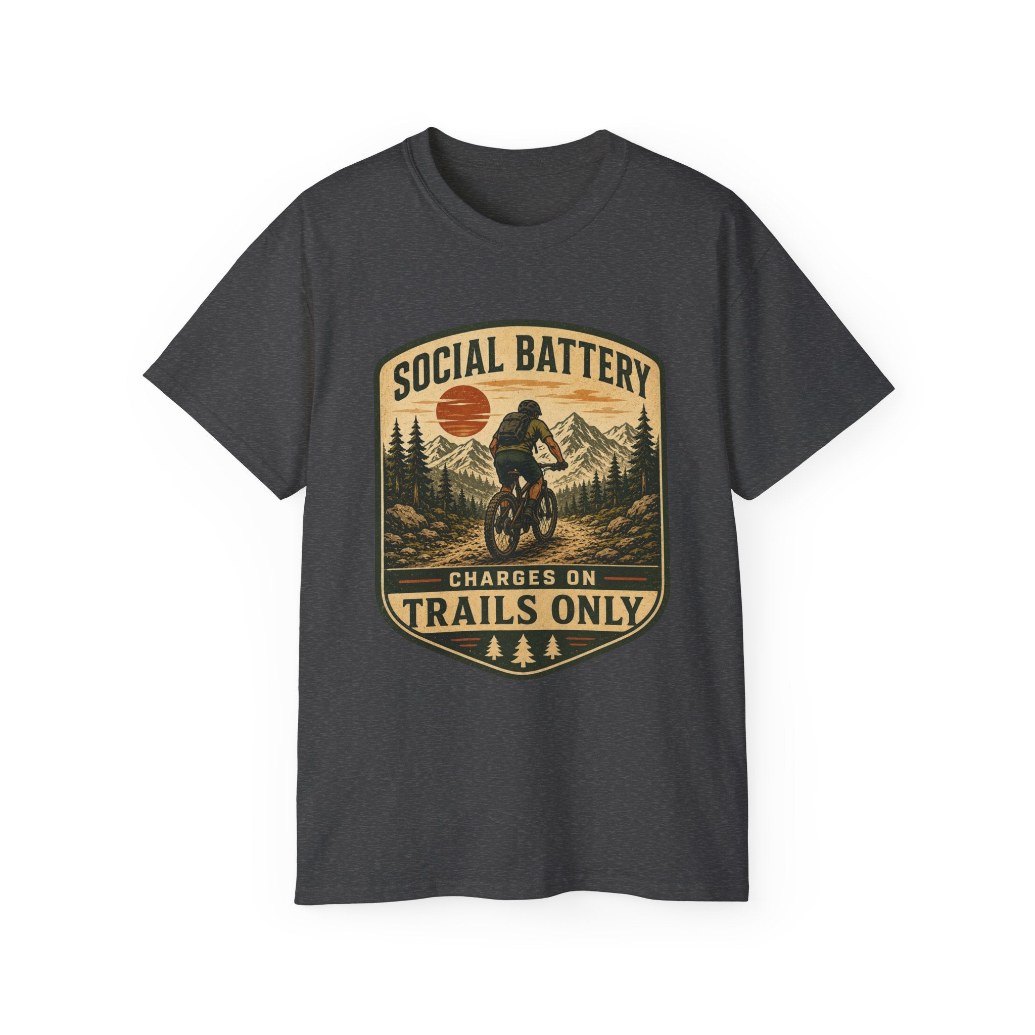 Mountain Biking Tee — "Social Battery Charges on Trails Only" Graphic T‑Shirt