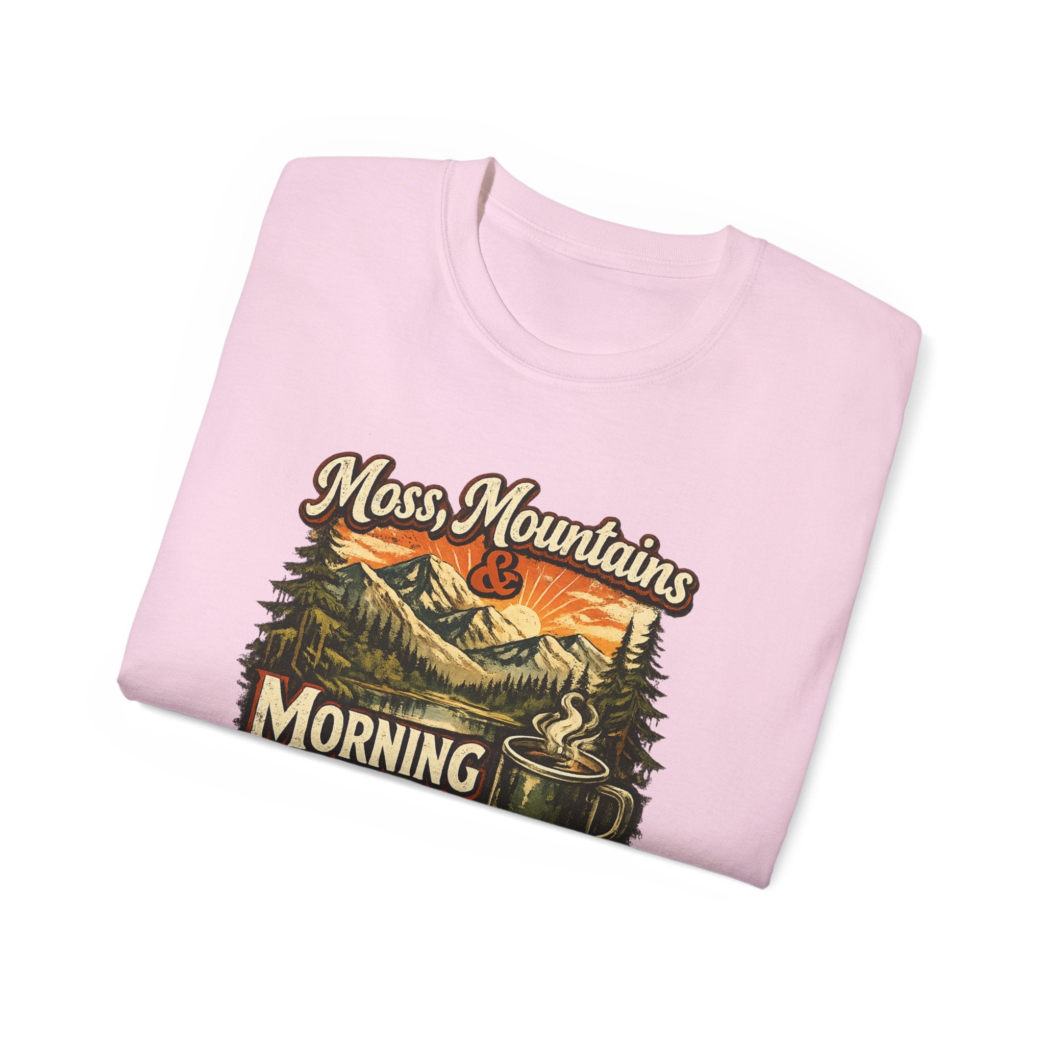 Moss, Mountains & Morning Coffee Tee — Vintage Camping Coffee T‑Shirt