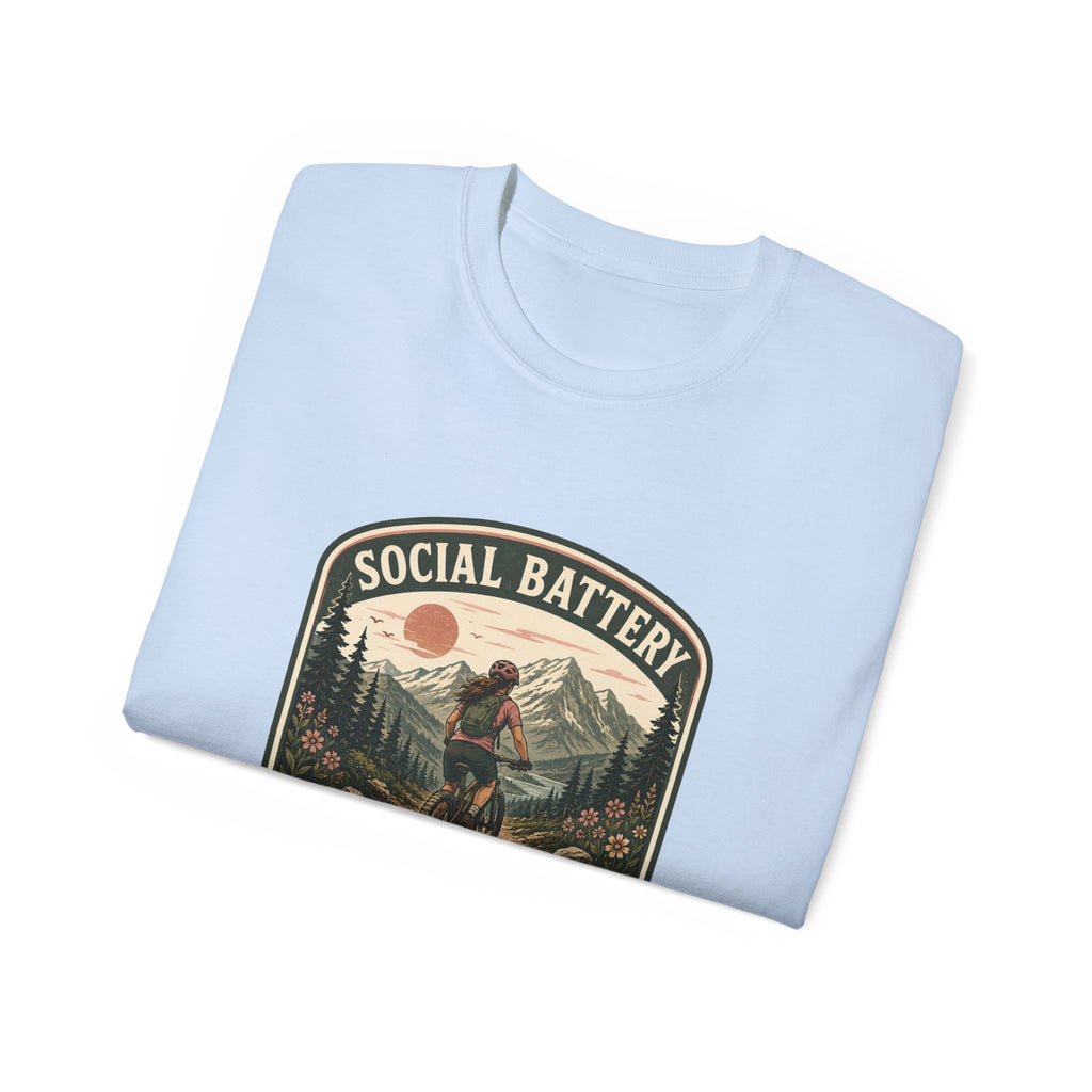 Woman’s Mountain biking T-Shirt — “Social Battery Charges On Trails Only” Outdoor Adventure Tee